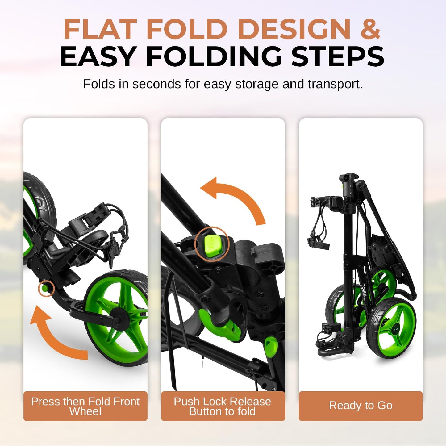 JOVIAL 3 Wheel Golf Push Pull Cart - Lightweight, Foldable, Collapsible, Caddy Accessories, Golf Bag Storage with Deluxe Scorecard Holder, Adjustable Handle, Aluminium Frame, Compact Design for Travel