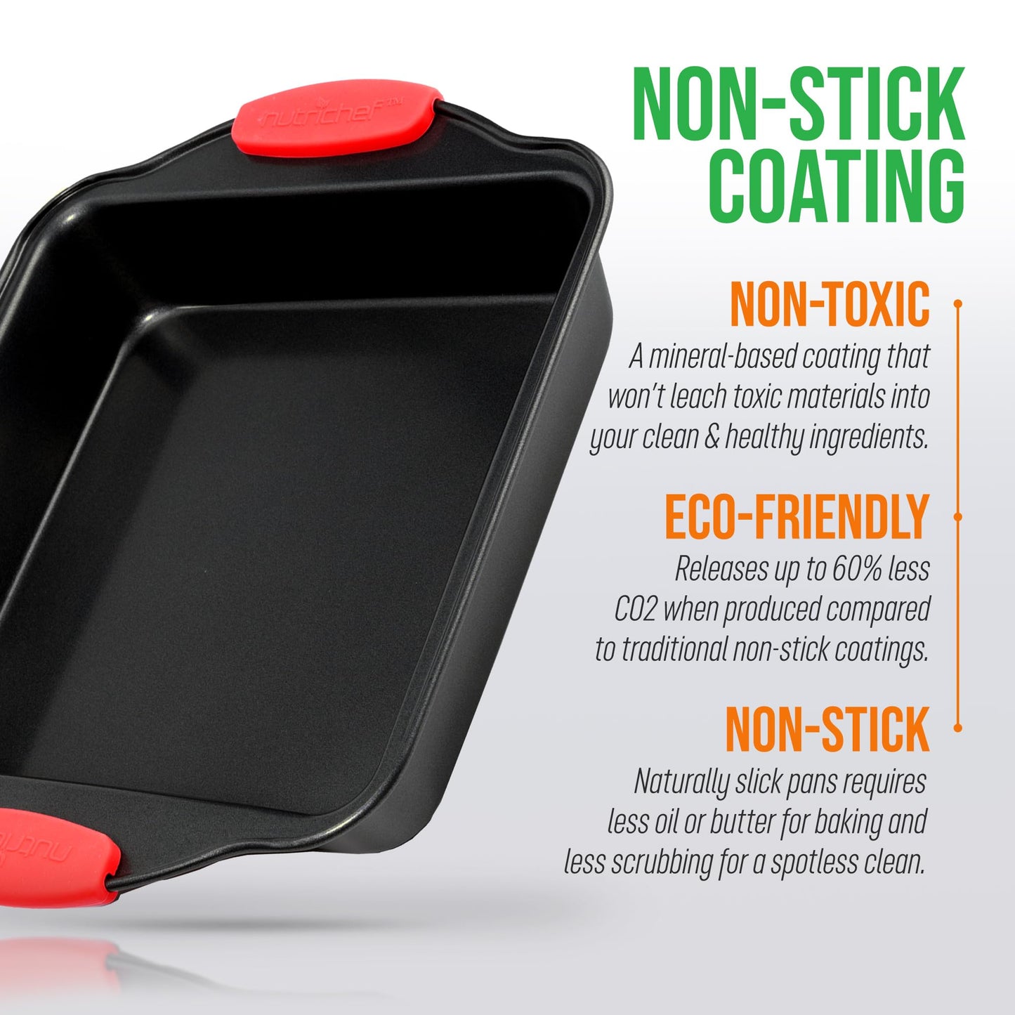 NutriChef Nonstick Square Baking Pan with Red Silicone Grip Handles - Square Brownie & Cake Tray - Even Heat Distribution, PFOA, PFOS, PTFE-Free Nonstick Coating - 8" x 8" Pan, Gray