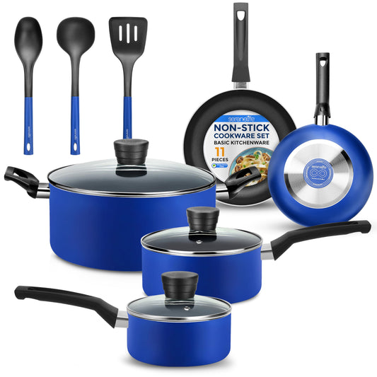 SereneLife Kitchenware Pots & Pans Basic Kitchen Cookware, Black Non-Stick Coating Inside, Heat Resistant Lacquer (11-Piece Set), One Size, Blue