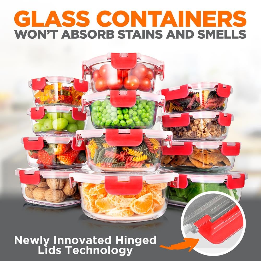 SereneLife 24 Piece Glass Storage Containers with Lids, 12 Pack Glass Meal Prep Container Set for Lunch, Kitchen Storage, Food Storage, Leak Proof, Freezer Safe and Dishwasher Safe, Red