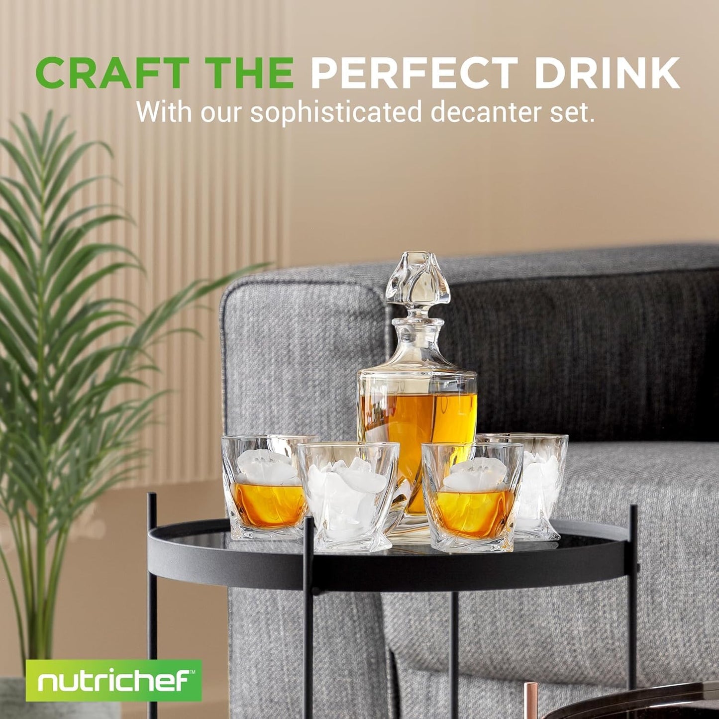 NutriChef Whiskey Decanter Set - Elegant Crystal Glass w/ Four 750ml BPA-Free Glasses - Naturally Aerates & Separates Whisky Sediment - Easy To Clean, Dishwasher Safe