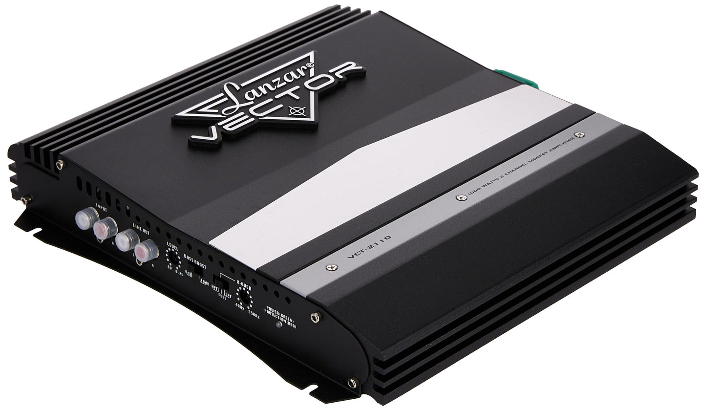 Lanzar 1000W 2-Channel Bridgeable Mono/Stereo Amplifier - High Power MOSFET Amp for Car Audio - Crossover - Bass Boost - RCA Input - Line Output - Thermal/Short Circuit Protection - Slim Size- VCT2110