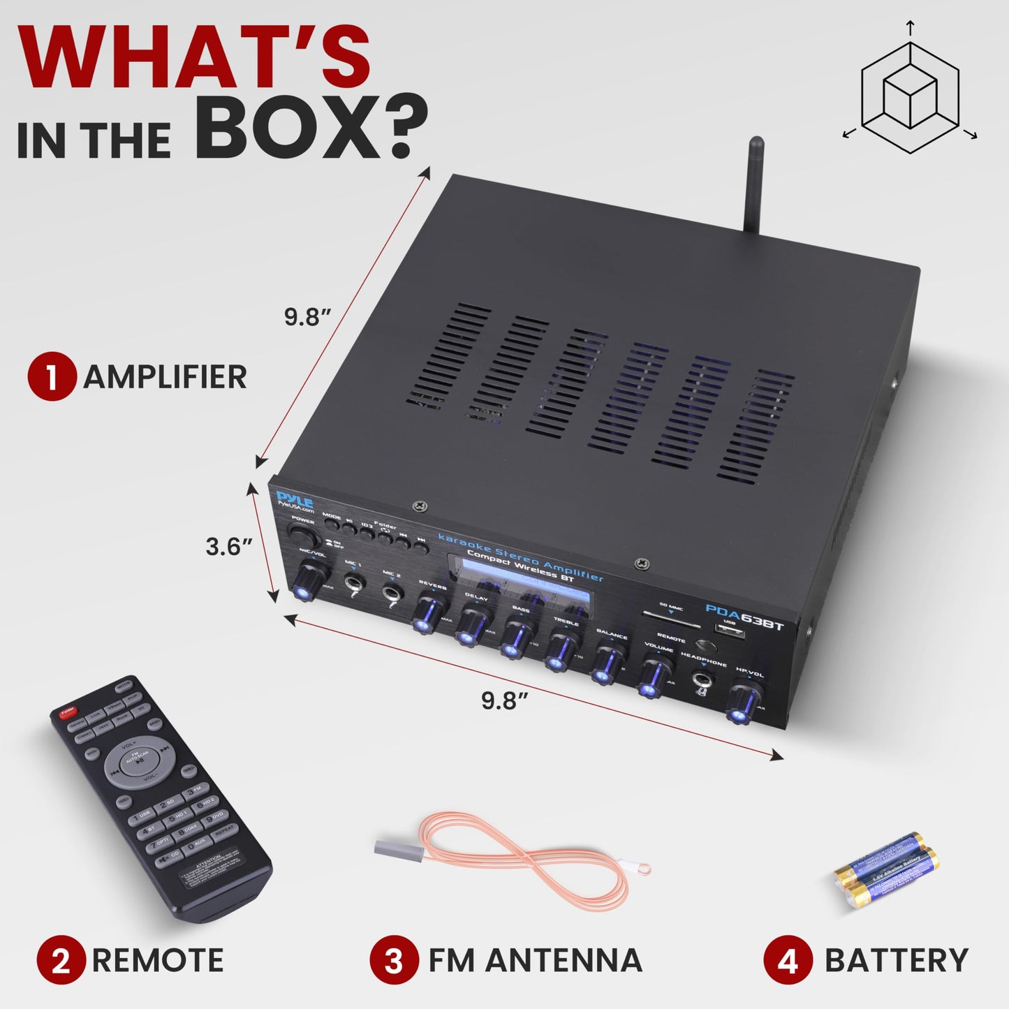 Pyle Wireless BT Stereo Amplifier - Multi Channel, 200 Watt Power, Home Audio Receiver System with FM Radio, BT, USB SD, AUX, RCA, Mic-in, BT and FM Antenna - PDA63BT