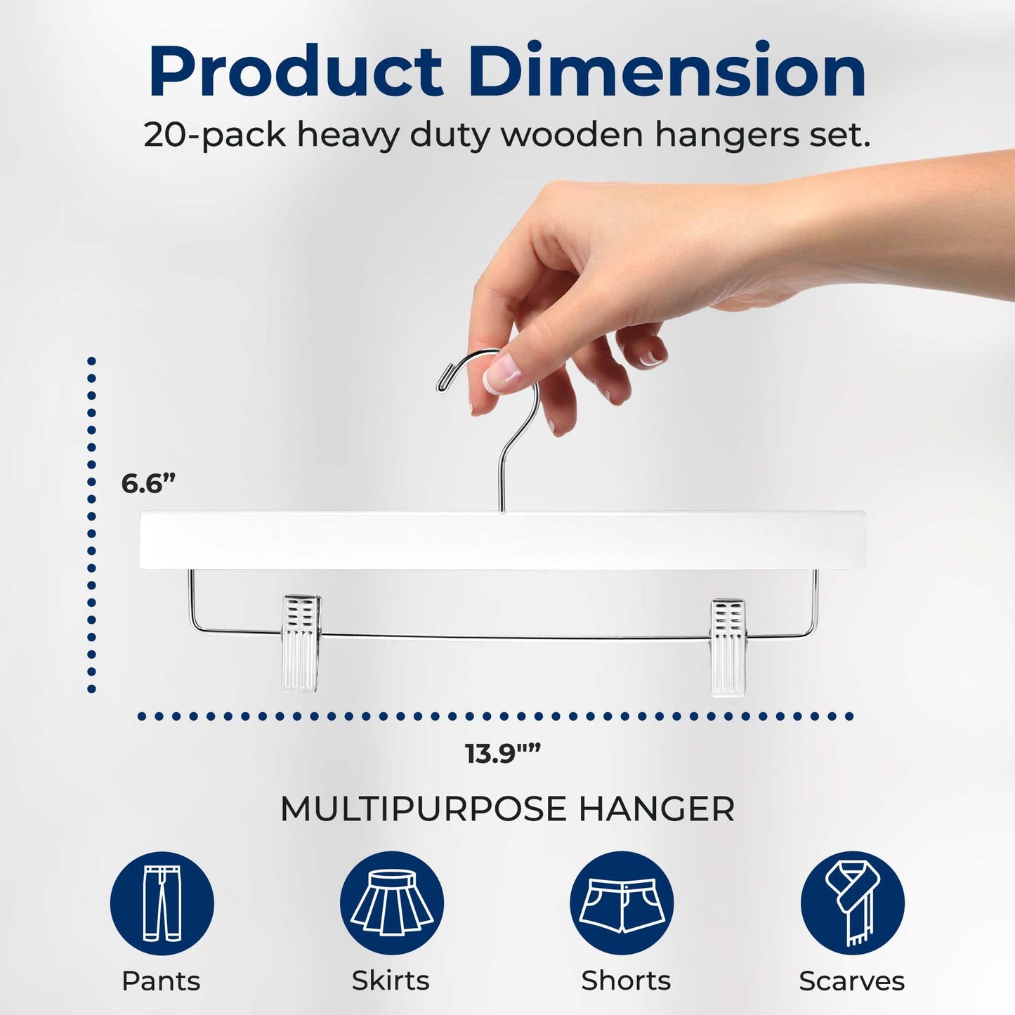 SereneLife 20 Pack Wooden Pants Hangers with Clips – White 14"x0.5"x6.7", Heavy Duty Skirt Hangers with Adjustable Non-Slip Steel Clips & 360° Swivel Hook for Jeans Slacks Shorts