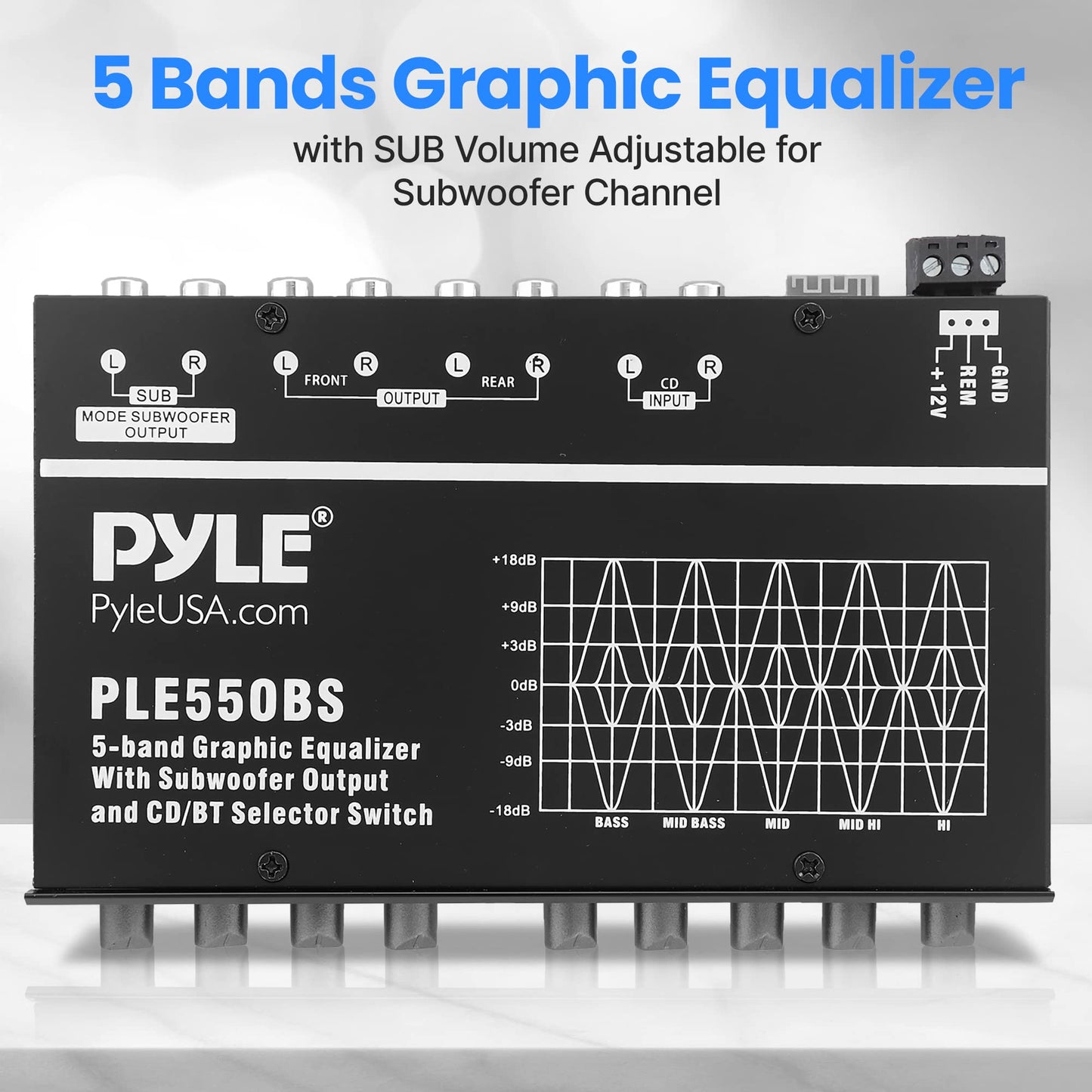 PyleUsa 5 Bands Graphic Equalizer with SUB Volume Adjustable for Subwoofer Channel, Built in Bluetooth for Wireless Music Streaming, Stereo RCA Output, Aux RCA Input, Mounting Hardware Included