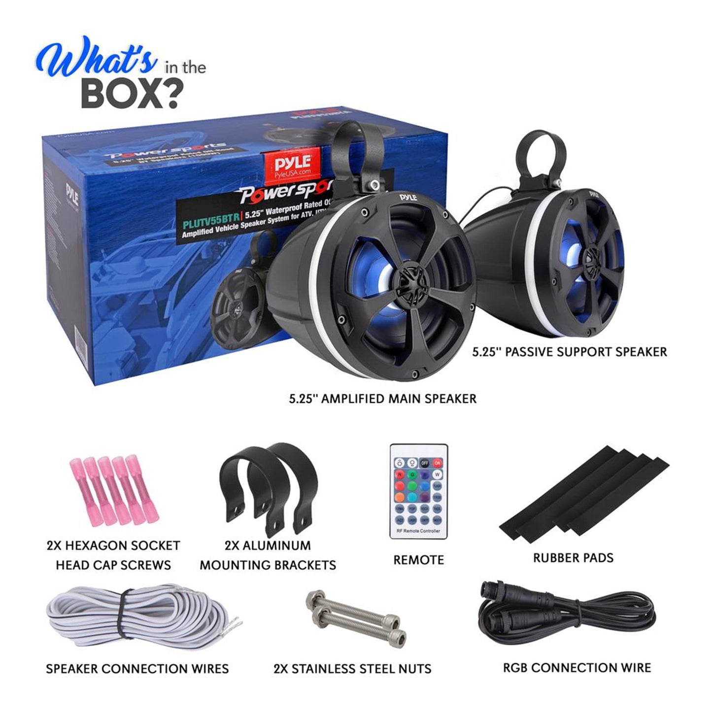 Pyle 2-Way Waterproof Off Road Speakers - 5.25" 1000W Active Passive Marine Grade Wakeboard Tower Speakers System w/ RGB Light, Full Range Outdoor Stereo Speaker for ATV/UTV Jeep Boat - PLUTV55BTR