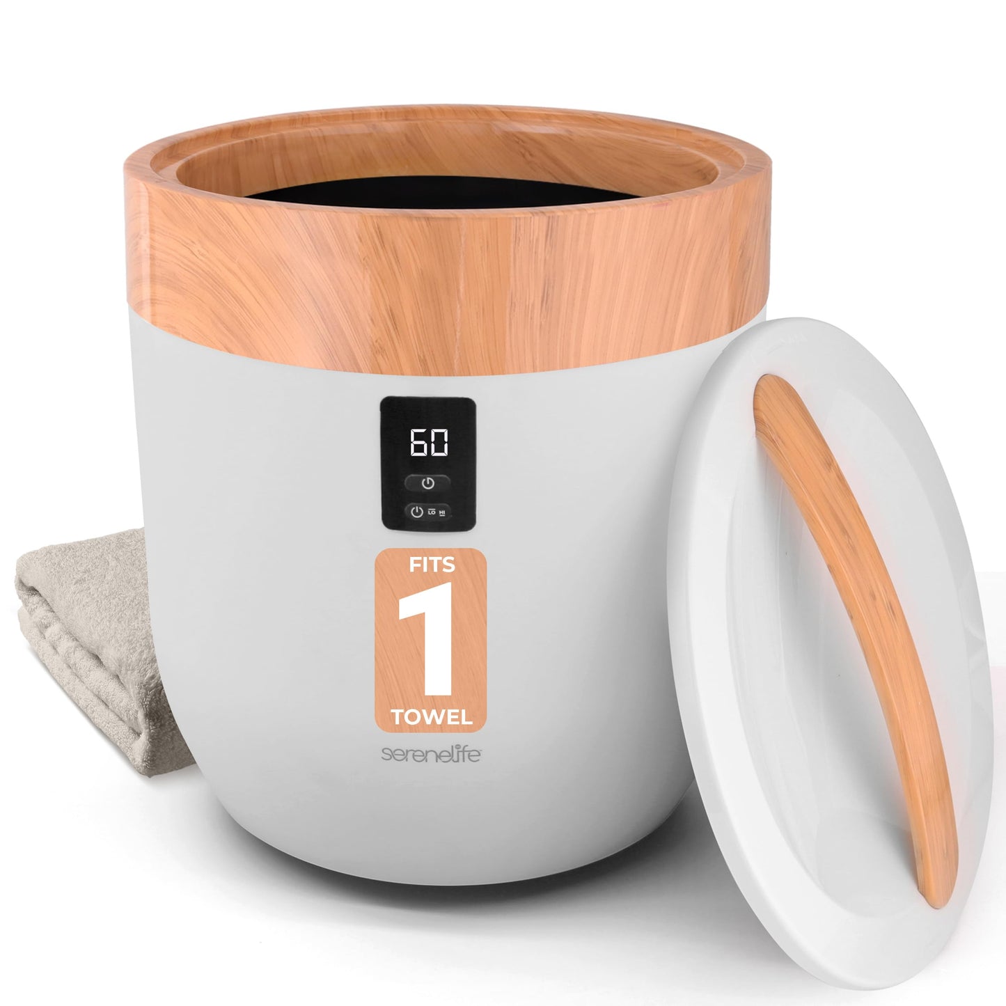 SereneLife Counter Towel Warmer Bucket - with Customized Fragrance for Spa and Bathroom, Luxury Heater, Auto Shut Off, Fits 1 Large Blanket, Bathrobe, PJs (Wood)