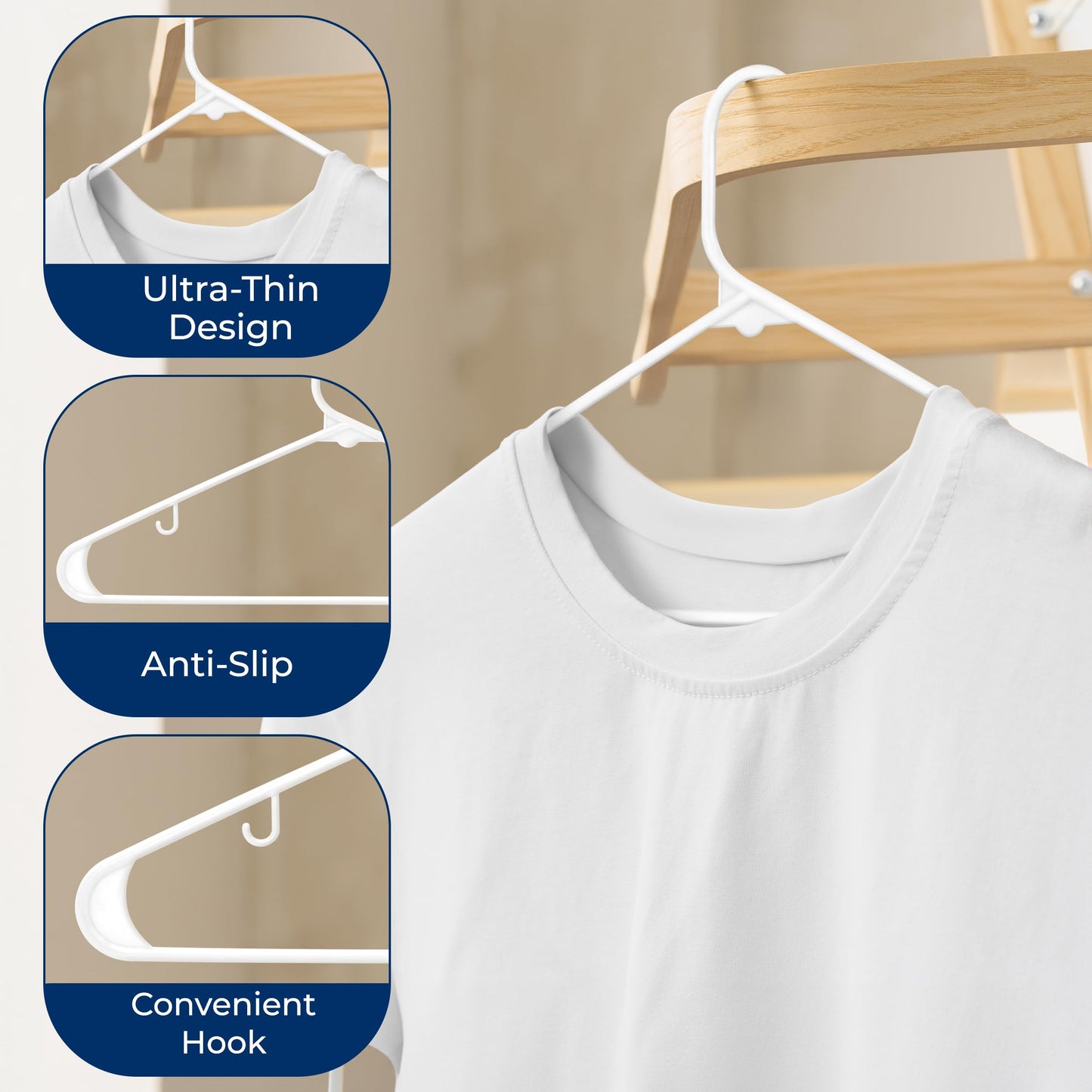 SereneLife 100-Pack Premium Plastic Hangers – Heavy Duty, Smooth White Tubular Slim Design, Space-Saving Durable Hangers for Clothes, Shirts, Pants, Suits, Coats – No Snag, Strap Hook Design