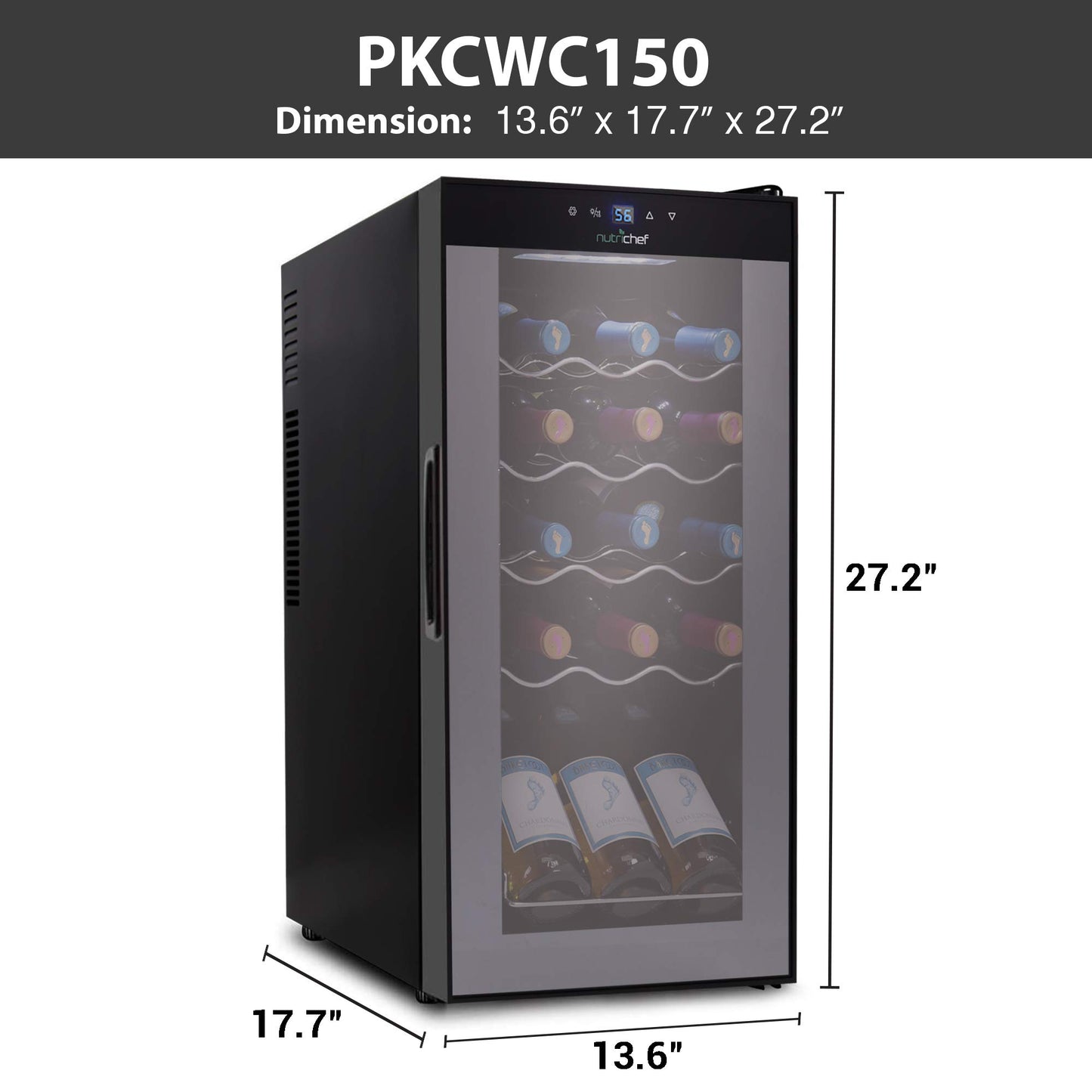 NutriChef Compressor Refrigerator White & Red Chiller Countertop Cooler-Freestanding Compact Mini Wine 15 Bottle Capacity, Digital, Glass Door, Black, Quiet Operation Fridge Touch Temperature Control