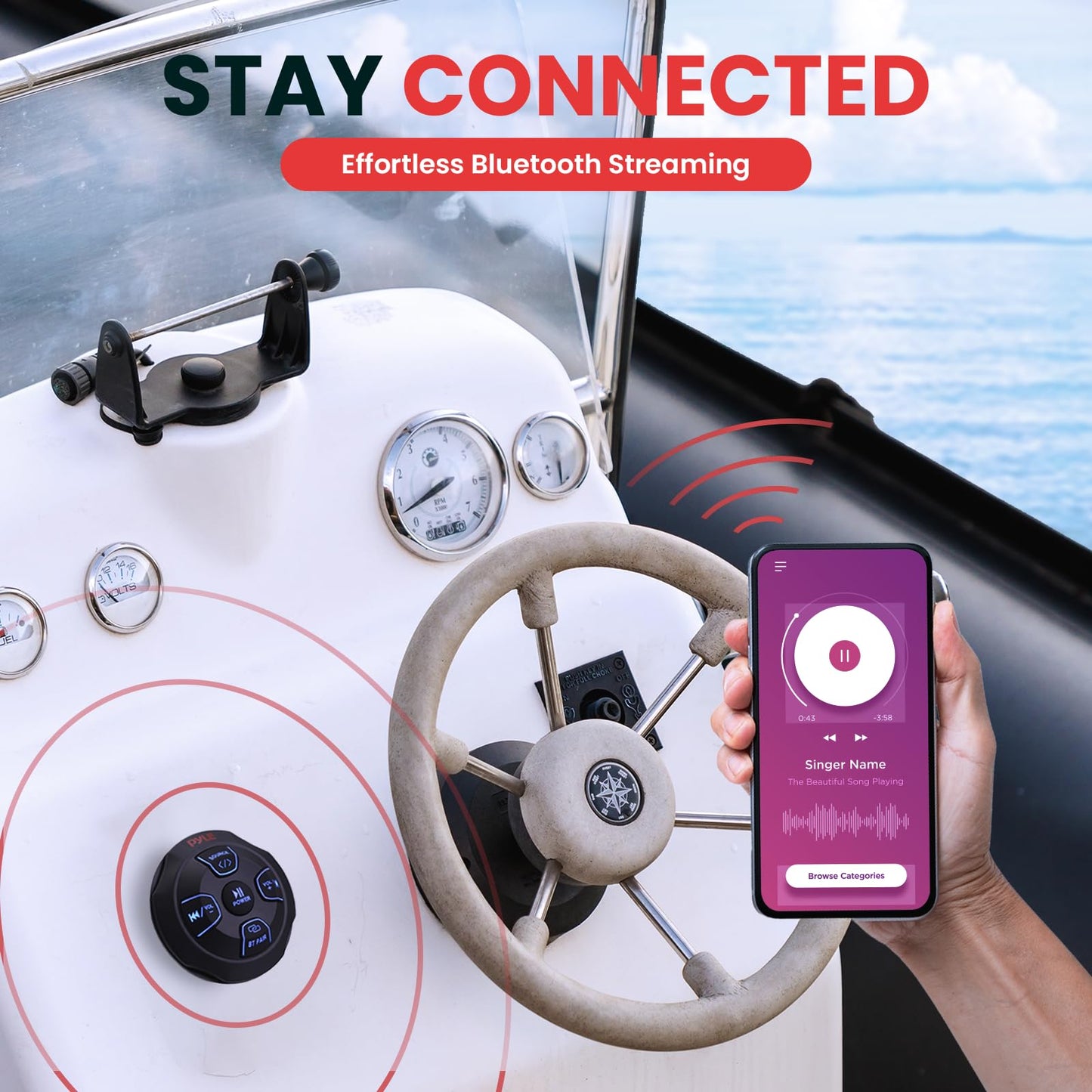 Pyle Marine Bluetooth Receiver Speaker Kit - Waterproof Audio Entertainment System Set w/Dual 6.5" Boat Speakers, Wireless BT Controller, Compact Handheld Broadcasting Microphone (Black)