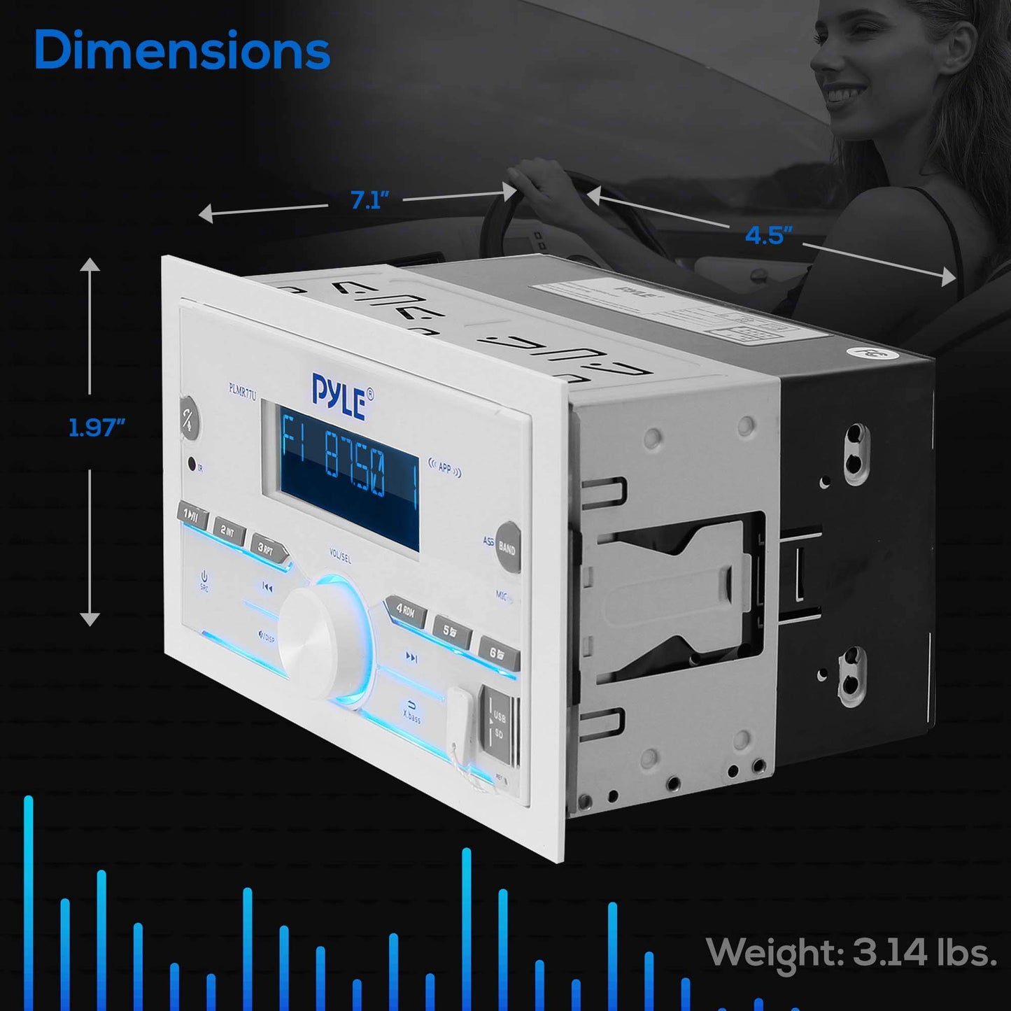 Pyle Marine Stereo, Bluetooth, USB/SD, 300W Double DIN Boat Radio Receiver, LCD Display, Hands-Free Calling, AUX, MP3, AM/FM Radio, Remote Control, PLMR77U, White, Built-in Microphone, 4x75W