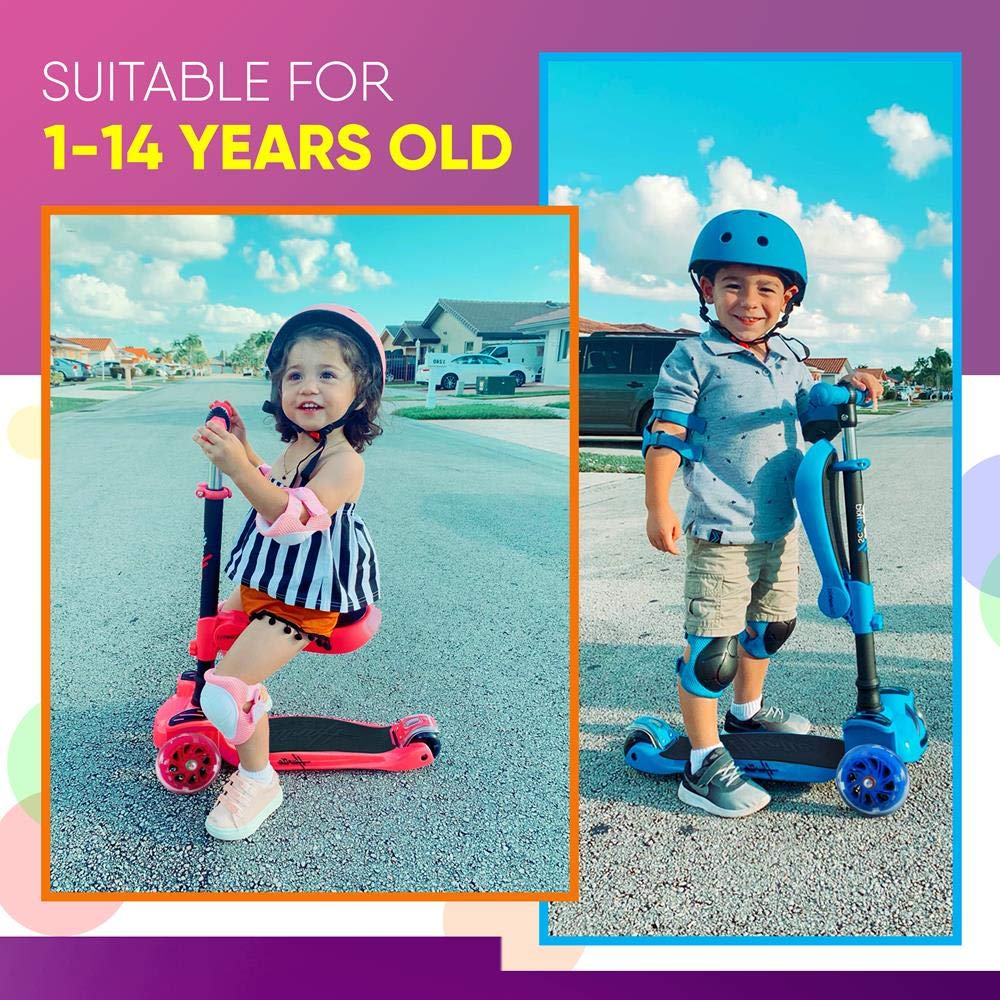 Hurtle 7 Wheeled Scooter for Kids - Stand & Cruise Child/Toddlers Toy Folding Kick Scooters w/Adjustable Height, Anti-Slip Deck, Flashing Wheel Lights, for Boys/Girls 2-12 Year Old - Hurtle