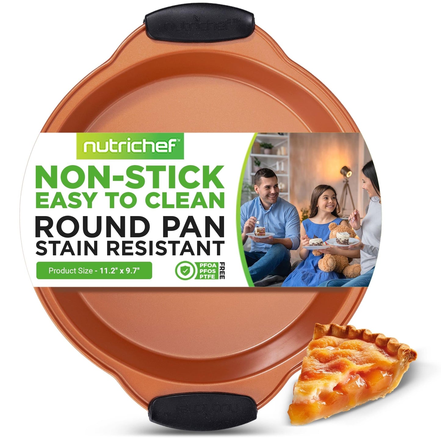 NutriChef Nonstick Round Cake Pan - Carbon Steel Oven Bakeware Pan with Silicone Grip Handles - PFOA, PFOS, PTFE Free - Bake Cake, Brownies, Pie, Bread, & More - Dishwasher Safe, 9.7 Inch (Copper)