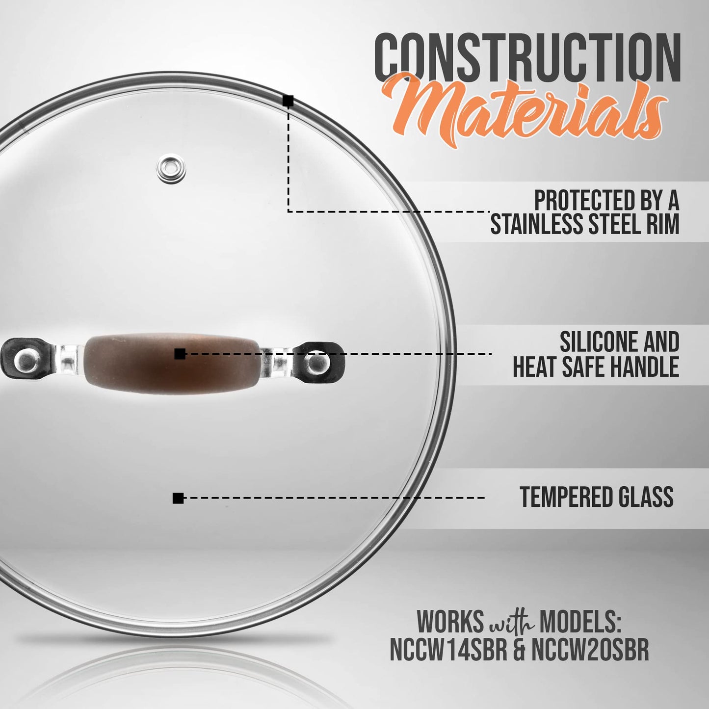NutriChefKitchen Dutch Oven Pot Lid - See-Through Tempered Glass Lids, Stainless Steel Rim, Dishwasher Safe (Works with Models: NCCW14SBR & NCCW20SBR), Brown - NCCW14SBRDLID