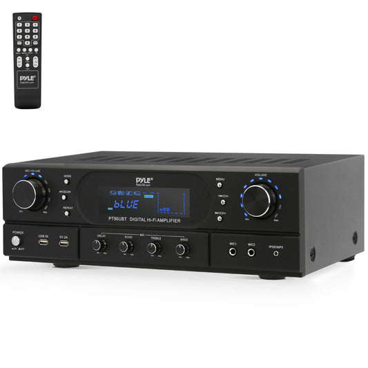 Pyle 500W 2-Channel Home Theater Amplifier Receiver - Bluetooth 5.3 - Wireless - MP3/USB/FM - 2 Mic Inputs with Echo/ Bass/ Treble Controls - RCA In/Out - for Streaming & Karaoke - PT90UBT