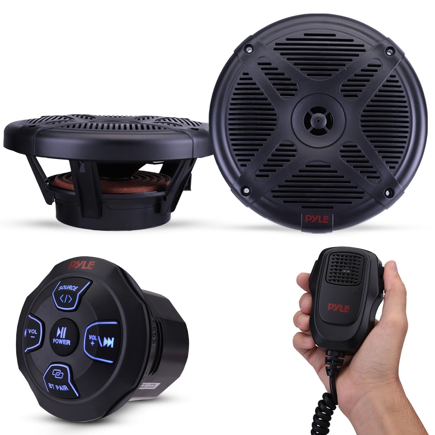 Pyle Marine Bluetooth Receiver Speaker Kit - Waterproof Audio Entertainment System Set w/Dual 6.5" Boat Speakers, Wireless BT Controller, Compact Handheld Broadcasting Microphone (Black)