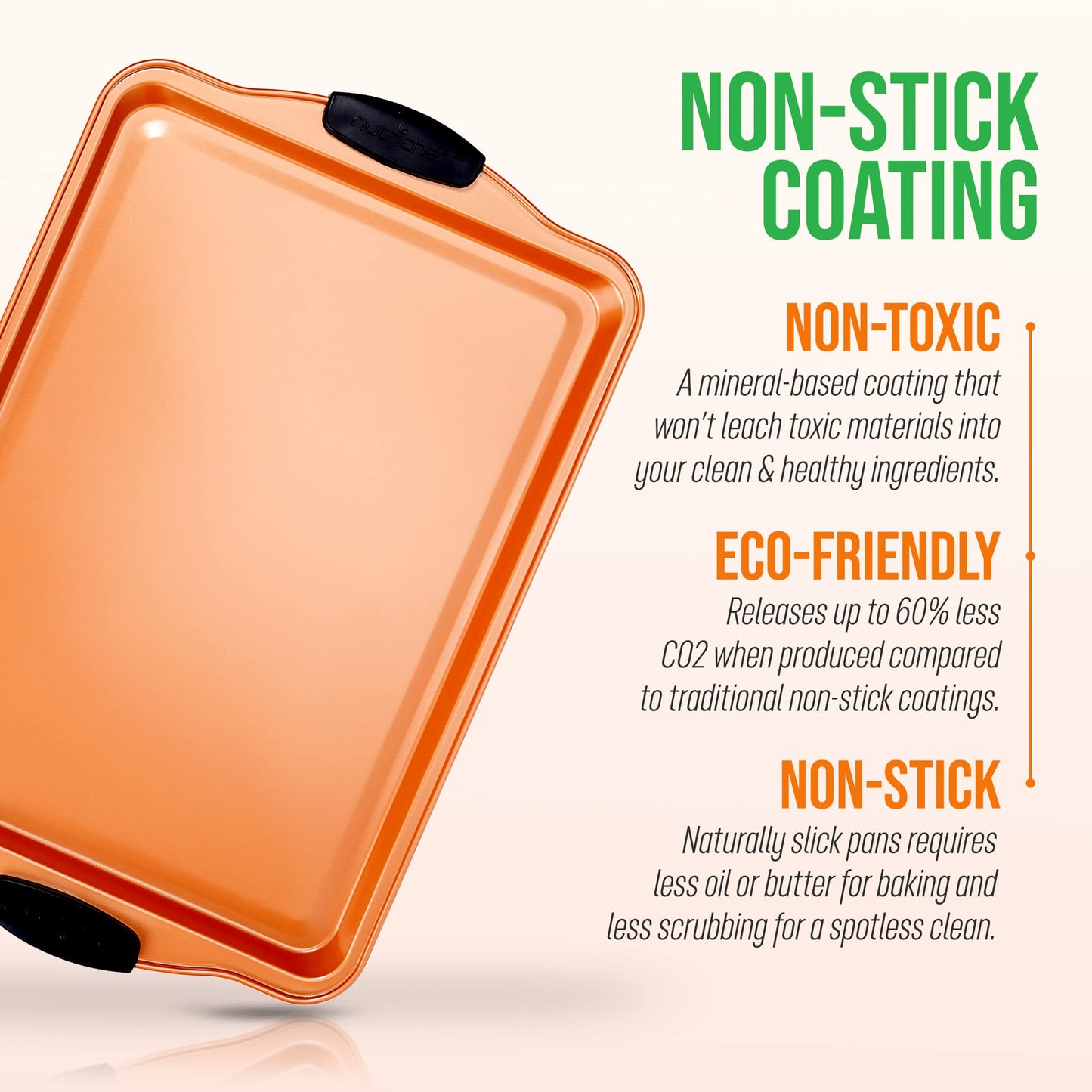 Nutrichef 15” Nonstick Cookie Sheet for Baking - Premium Grade Carbon Steel Non-Stick Baking & Roasting Pan w/ Silicone Handles - Dishwasher Safe, Copper