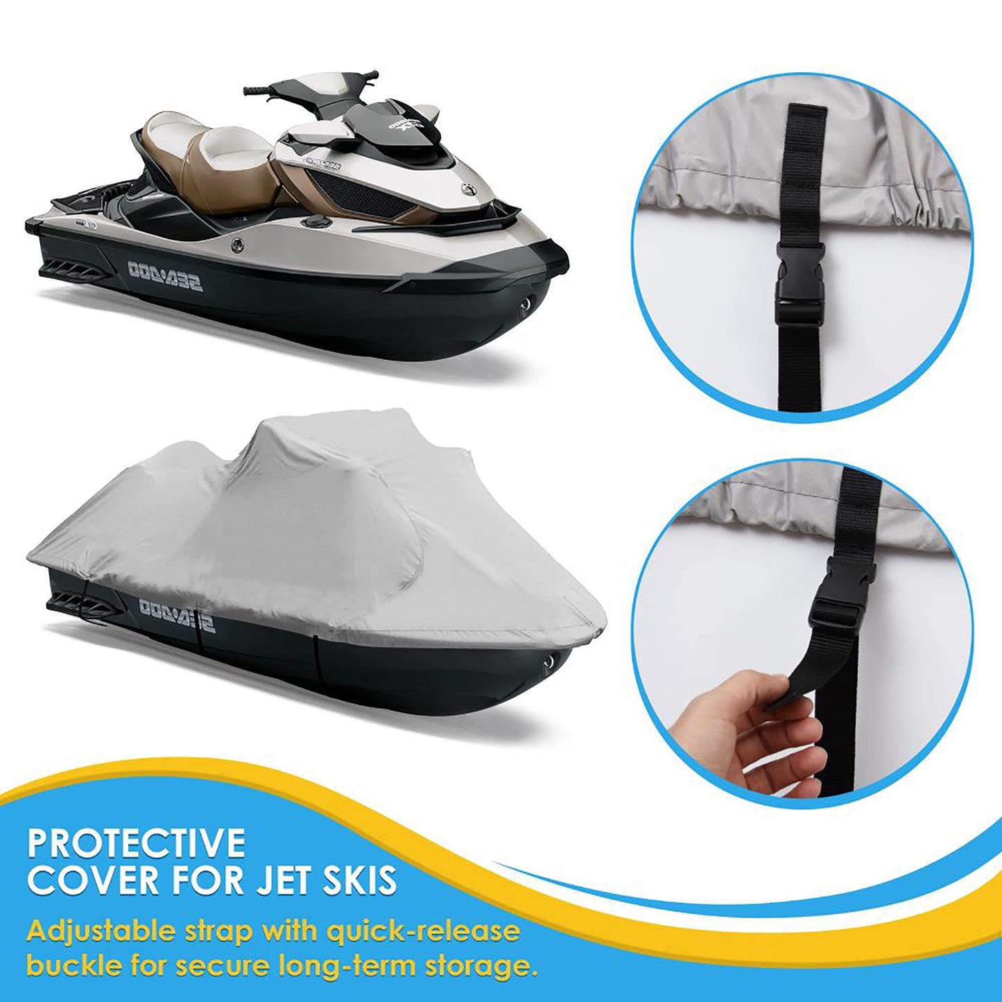 Pyle Jetski Cover, Marine Grade, Waterproof Fabric, Trailer Storage, Elastic Cord, 102” to 107” Length, Personal Watercraft Protection, Universal Fit, Includes Storage Bag, Durable Polyester