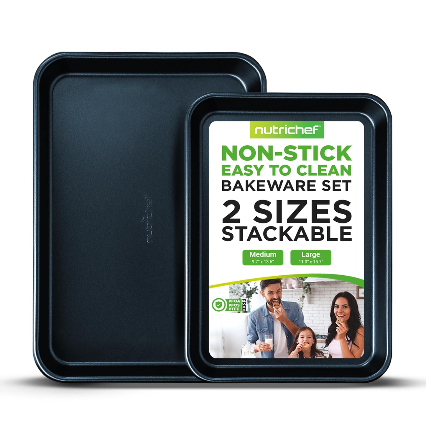 NutriChef Non-Stick Cookie Sheet Baking Pans, 2-Piece Oven Baking Trays w/ Superior Nonstick Coating - 15" x 11" & 13" x 9" Sizes for Convenient Roasting & Baking - Dishwasher Safe