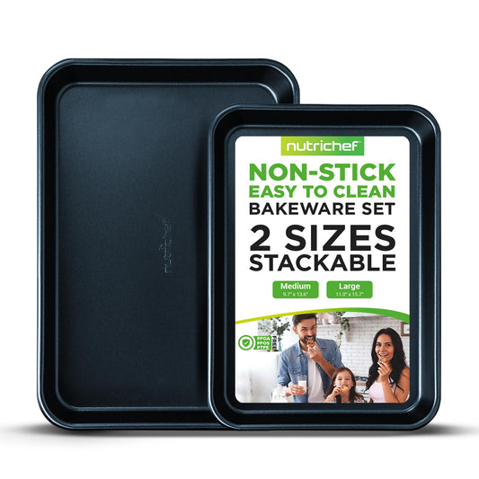 NutriChef Non-Stick Cookie Sheet Baking Pans, 2-Piece Oven Baking Trays w/ Superior Nonstick Coating - 15" x 11" & 13" x 9" Sizes for Convenient Roasting & Baking - Dishwasher Safe