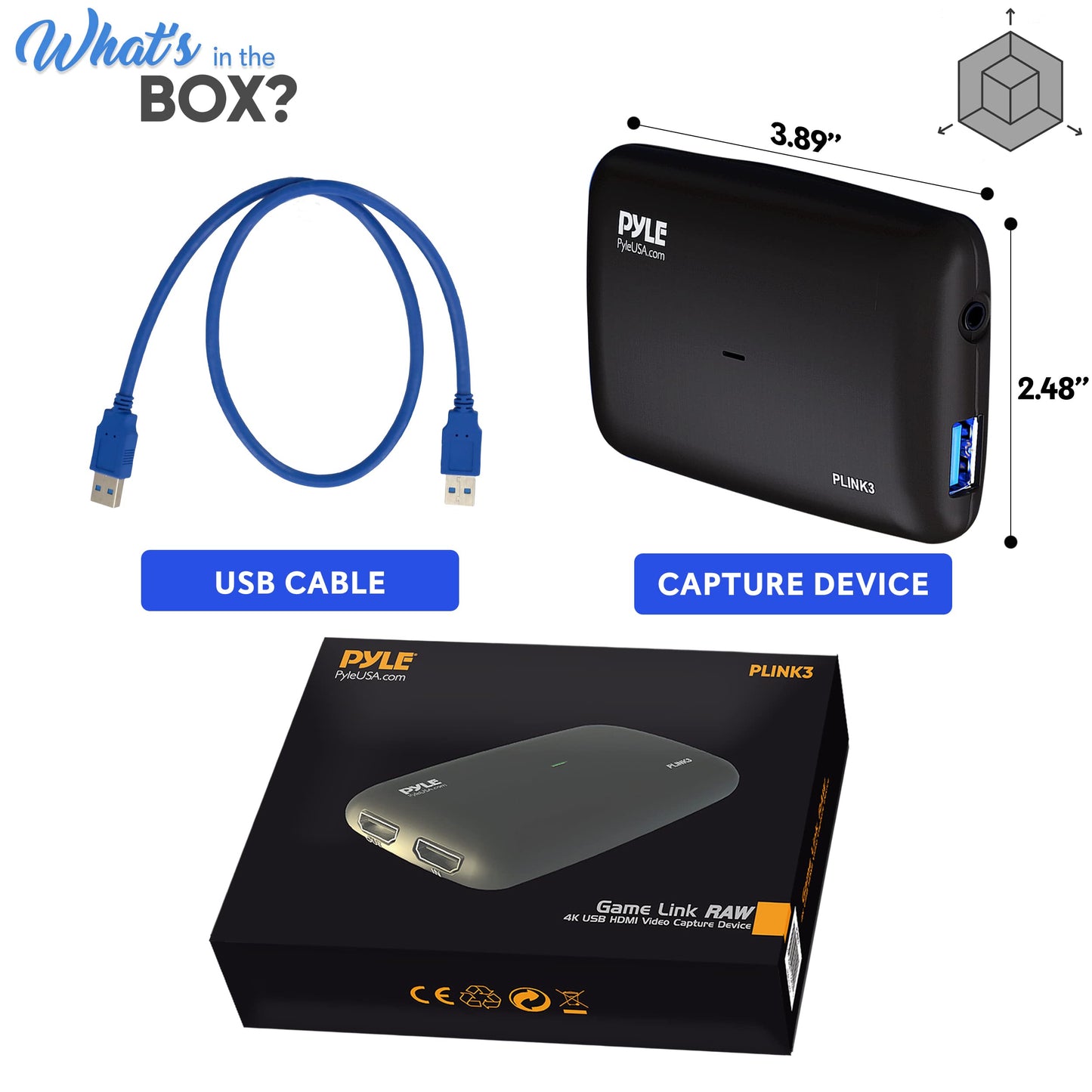 Pyle Capture Card 4K USB3.1 HDMI-to-USB Audio-Video Record via DSLR Camcorder Action Cam, Ultra High Speed, PS3, P4, PS5, Xbox, Nintendo Switch, Wii, Game Streaming, Conference Live Broadcast- PLINK3