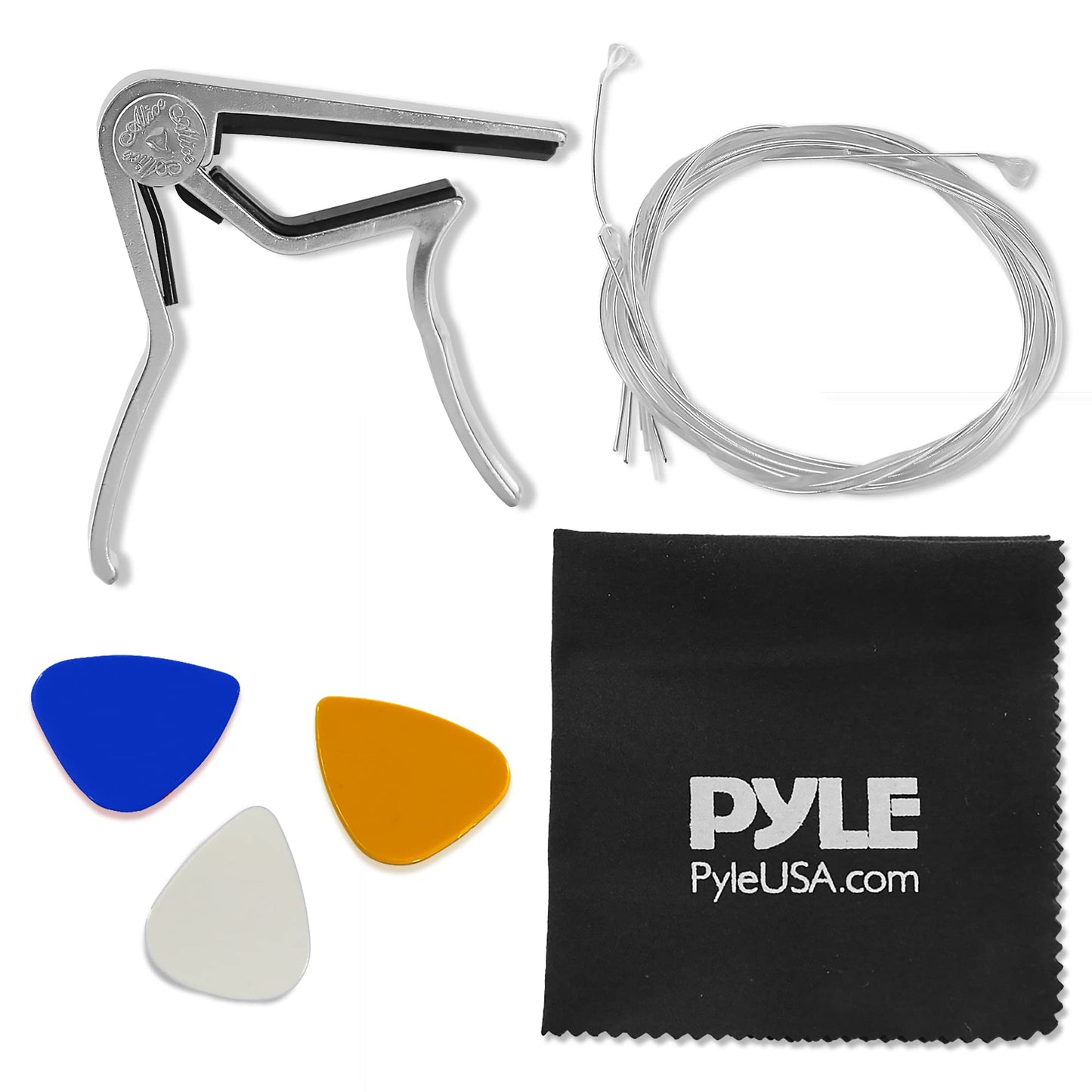 Pyle Electric Guitar Accessory Kit - Steel Strings, Full Set of Replacement, 3 pcs ABS Picks, Cleaning Cloth & Metal Capo