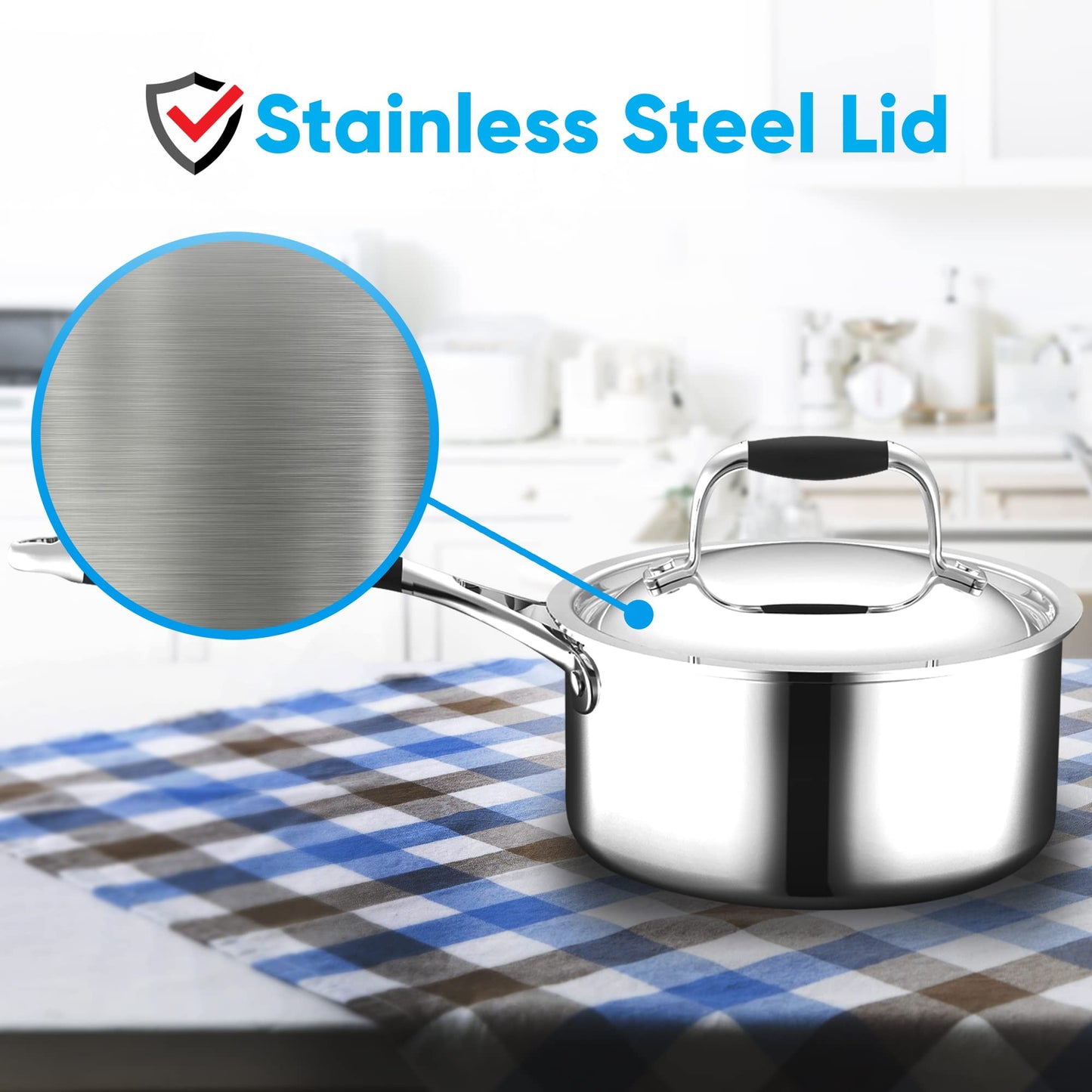 NutriChef 1.5-quart Saucepan with Lid - PFOA/PFOS Free Stainless Steel Stain-Resistant Sauce Pot Kitchen Cookware w/Satin Interior, Polished Exterior, Silicone Wrap Handles - Works w/Model NCSSS12