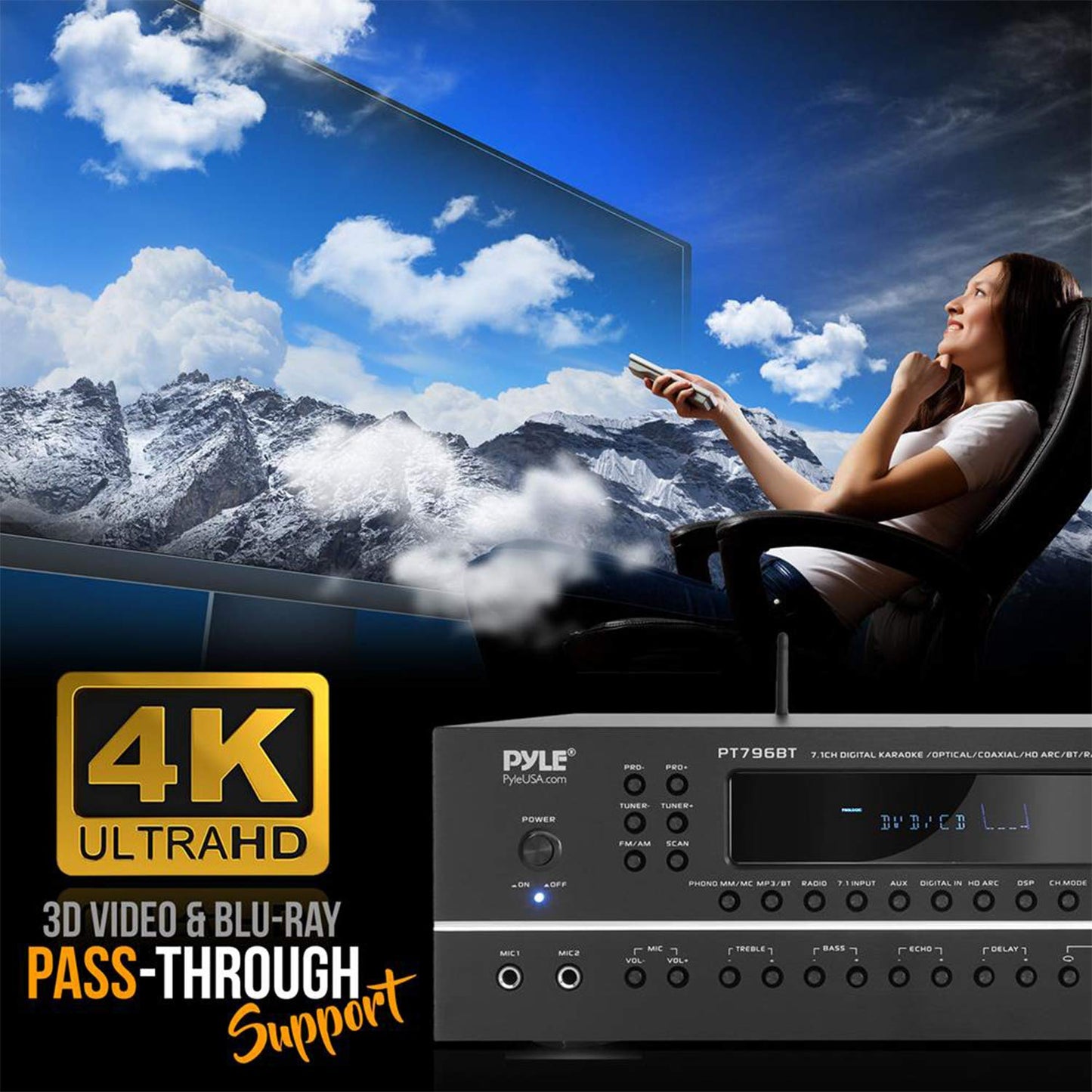 Pyle 2000W 7.1-Channel Hi-Fi Bluetooth 5.0 Stereo Amplifier - AV Home Theater Receiver with Radio - USB - RCA - HDMI - MIC IN - 4K UHD TV & 3D Blu-Ray Support - Surround Sound - Subwoofer - PT796BT