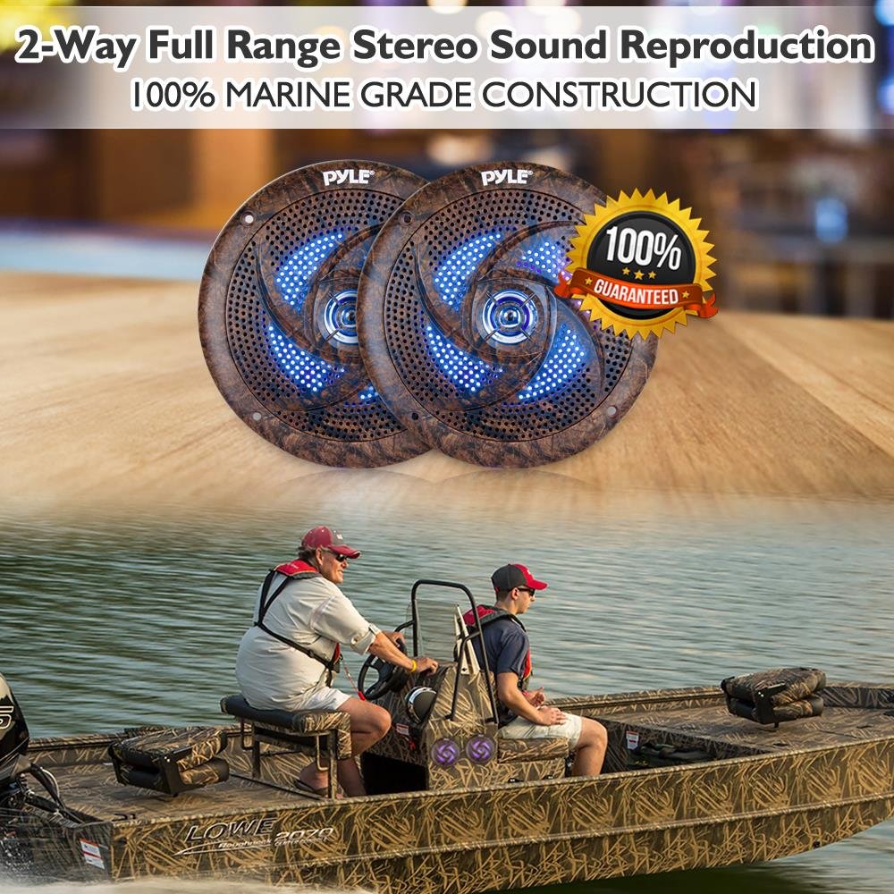 Pyle 6.5 Inch Marine Speakers - 2 Way IP44 Waterproof and Weather Resistant Outdoor Audio Stereo Sound System with Built-in Led Lights, 240 Watt Power and Low Profile Design - 1 Pair - PLMRLE64DK