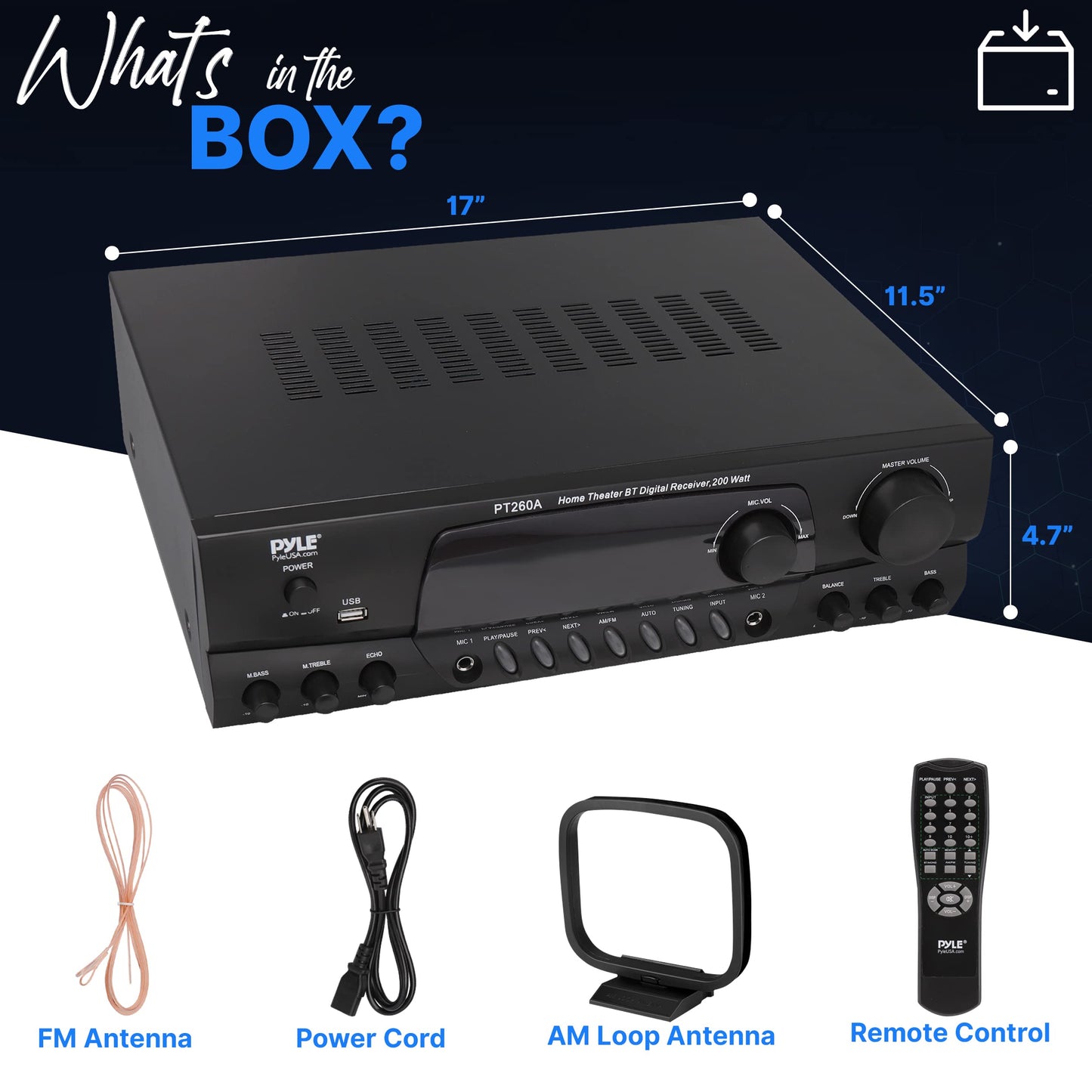 Pyle 200W Home Audio Power Amplifier - Stereo Receiver with AM/FM Tuner - 2 Mic Inputs with Echo - Digital Display - EQ Controls - Remote Control - Ideal for Karaoke & Home Entertainment - PT260A