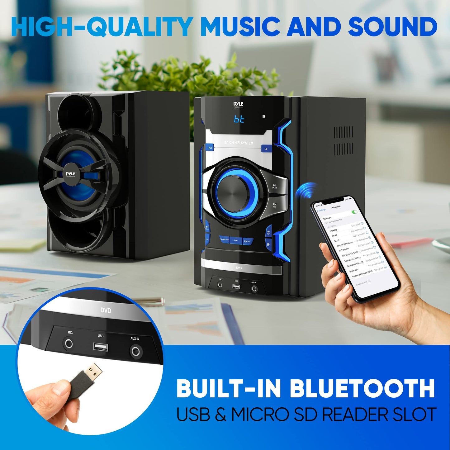 Pyle 3-Piece Wireless Bluetooth Stereo System - 1000 Watt DVD Shelf System for Home with DVD Player, MP3, USB, FM Radio, Bass Reflex Speaker, and Remote Control, Compact & Portable