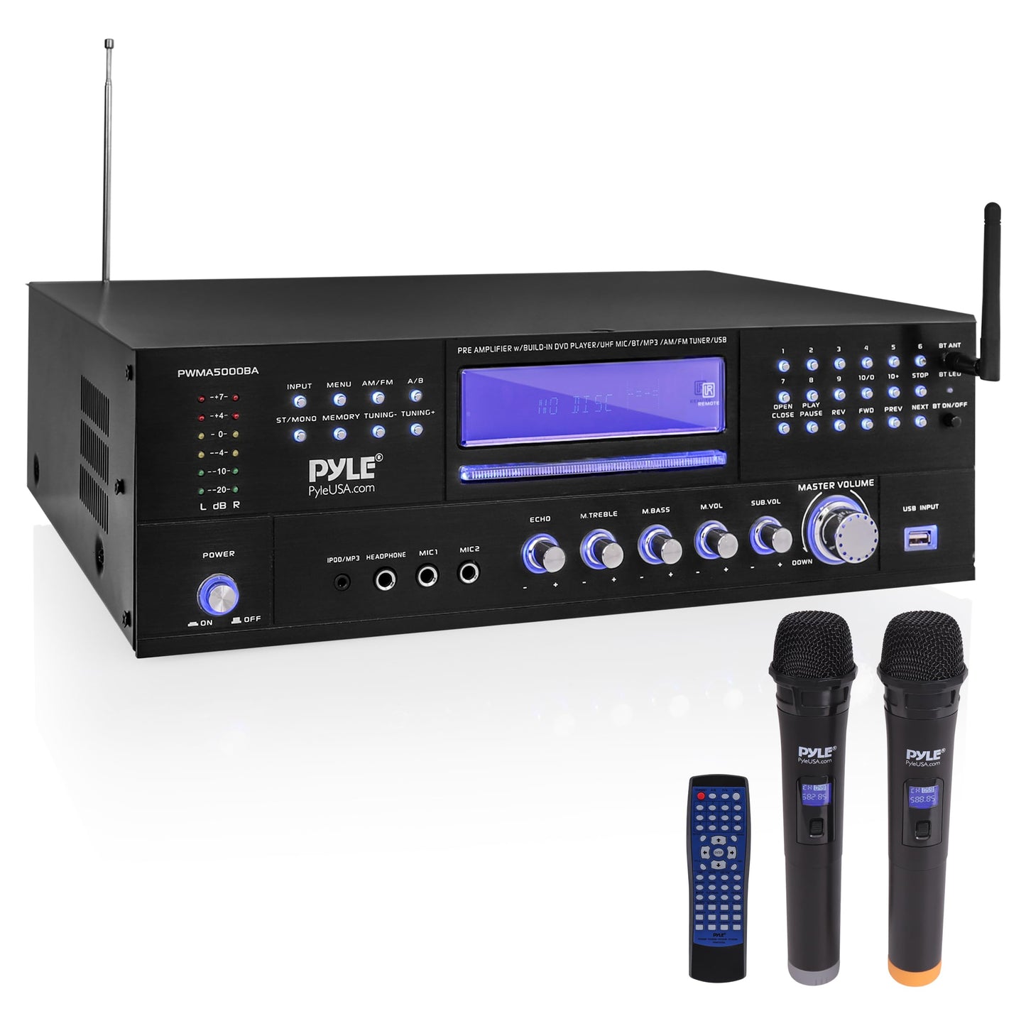 Pyle 4-Channel Karaoke Home Wireless Microphone Amplifier - Audio Stereo Receiver System, Built-In CD DVD Player, Dual UHF Wireless Mic/MP3/USB Reader, AM/FM Radio - PWMA5000BA