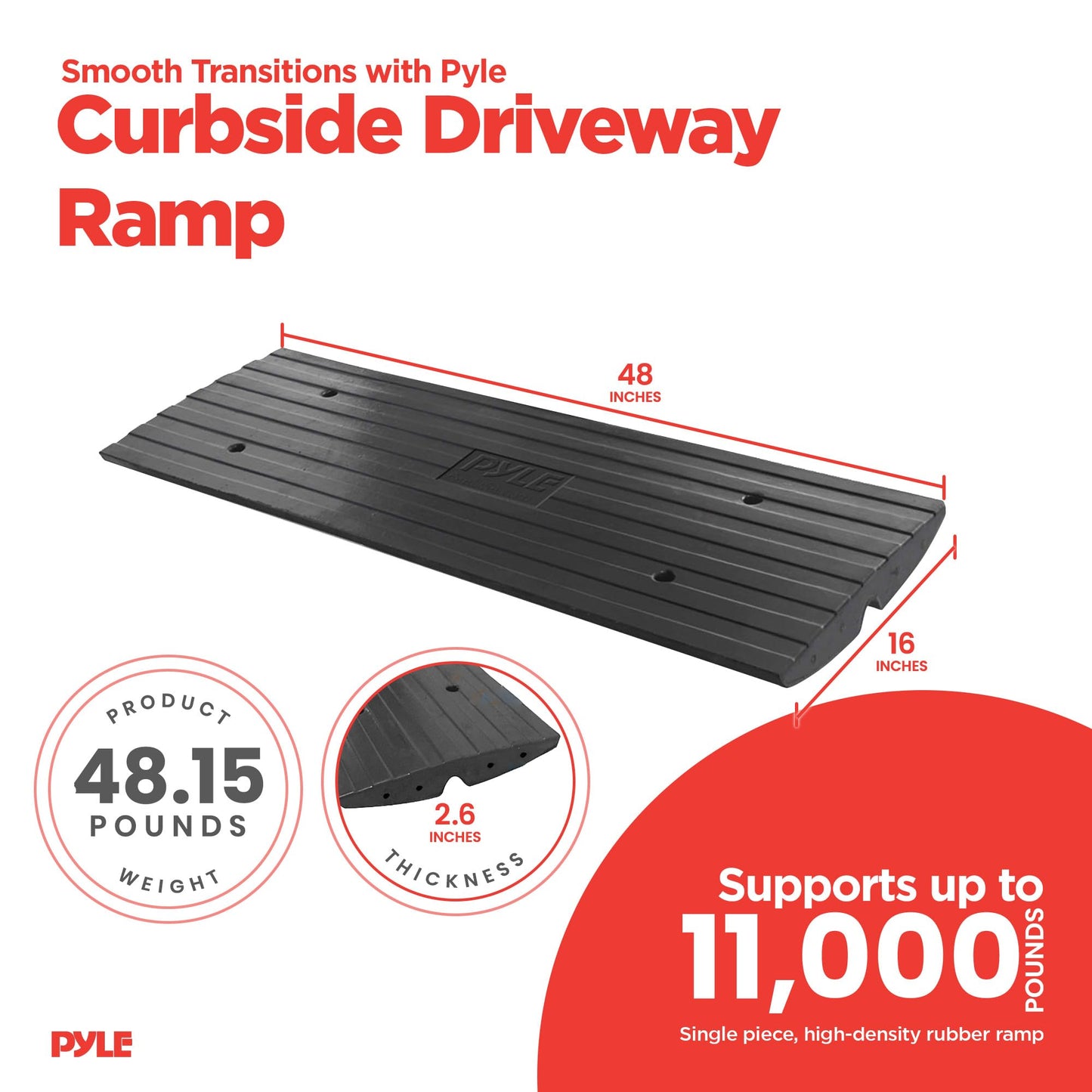 Car Driveway Curb Ramp - Heavy Duty Rubber Threshold Ramp - Also for Loading Dock, Garage, Sidewalk, Truck, Scooter, Bike, Motorcycle, Wheelchair Mobility & Other Vehicle - Pyle PCRBDR24