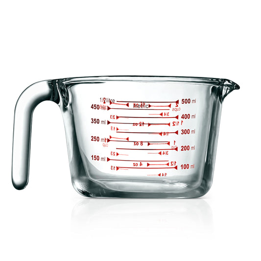 NutriChef High Borosilicate Glass Measuring Cup with Customized Decal Scale, 500 ml, Safe to Use in Microwave and Freezer, Oven and Dishwasher Safe
