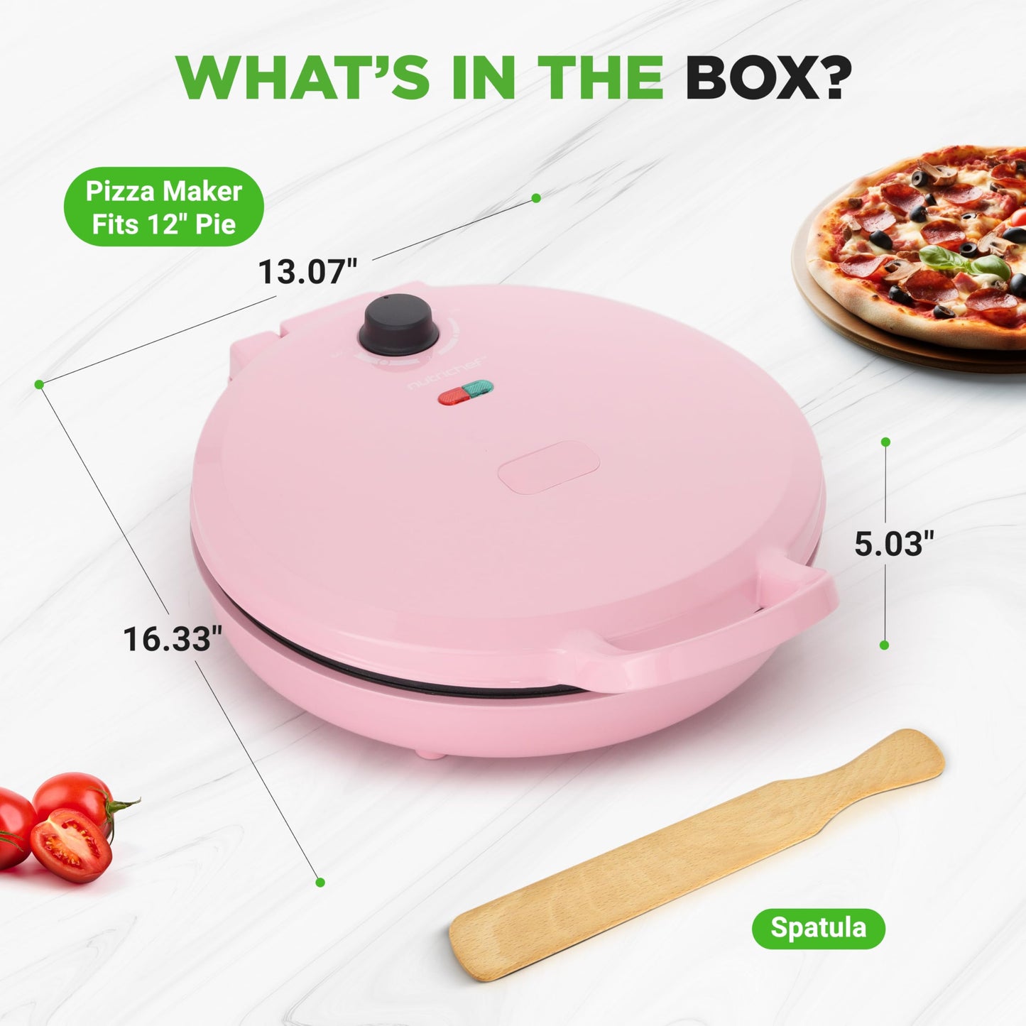NutriChef Countertop Pizza Maker | 1500W Non-Stick Electric Pizza Cooker | Make 12" Personal Pizzas, Eggs, Toast & More | Cool-Touch Handles, Compact & Space-Saving | Temp Range 175-400°F | Pink
