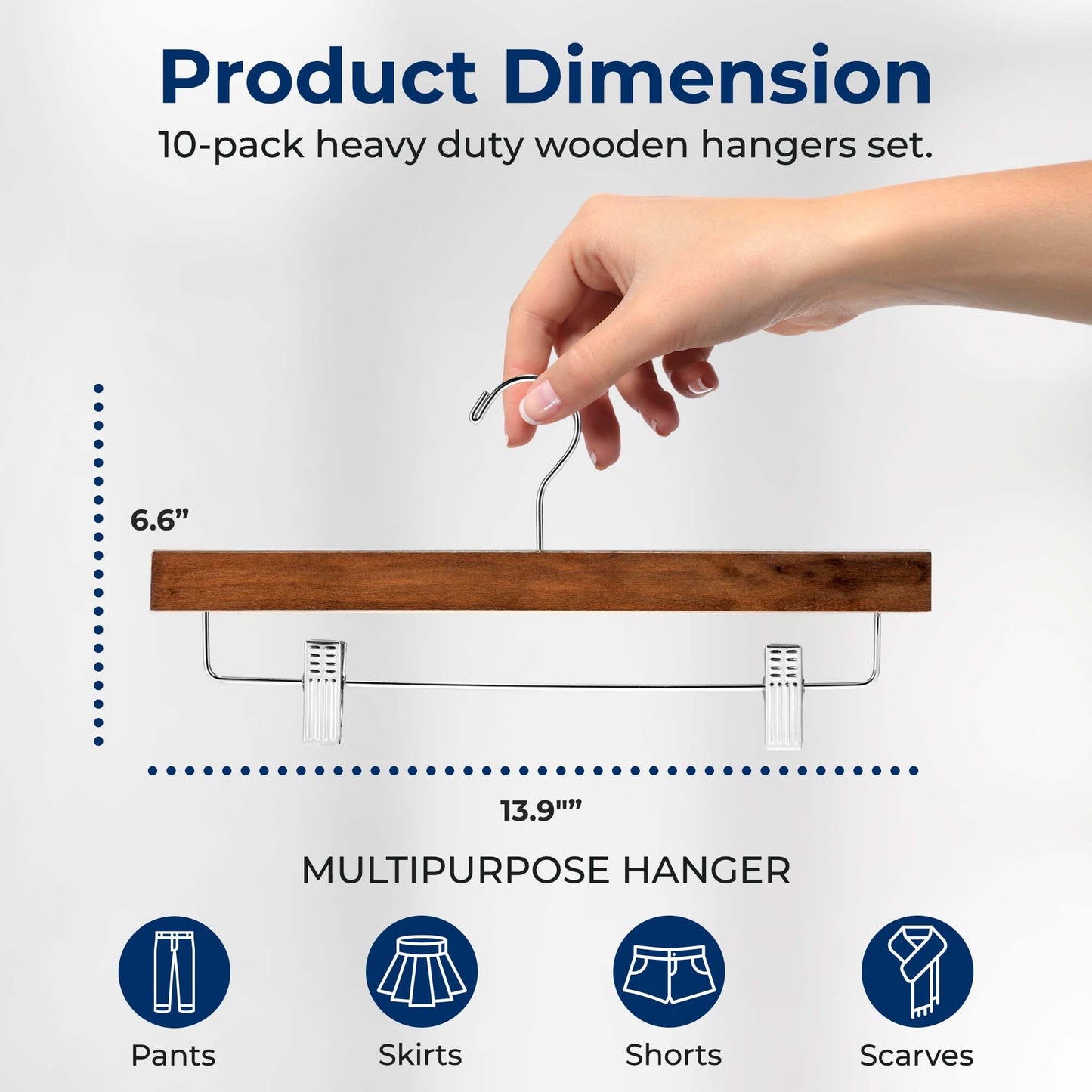 SereneLife 10 Pack Wooden Pants Hangers with Clips – Retro Brown 14"x0.5"x6.7", Heavy Duty Wood Skirt Hangers with 360° Swivel Hook & Adjustable Non-Slip Clips for Jeans Slacks Shorts