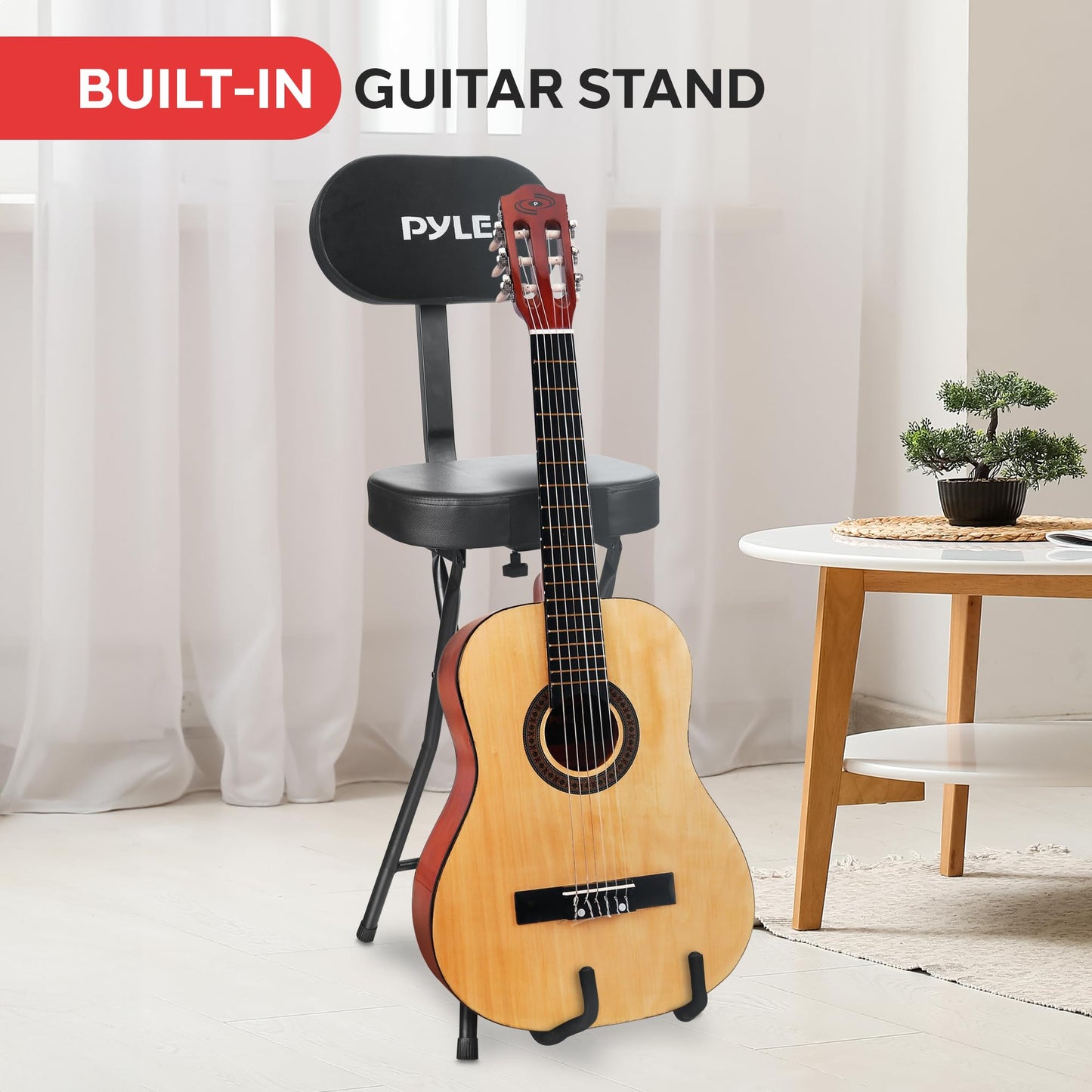Pyle Adjustable Guitar Seat with Built-In Stand, EVA Foam Padded Cradles, Removable Backrest, Non-Slip Rubber Feet, Collapsible Design – Fits Acoustic, Electric & Bass Guitars – 300 lbs Capacity