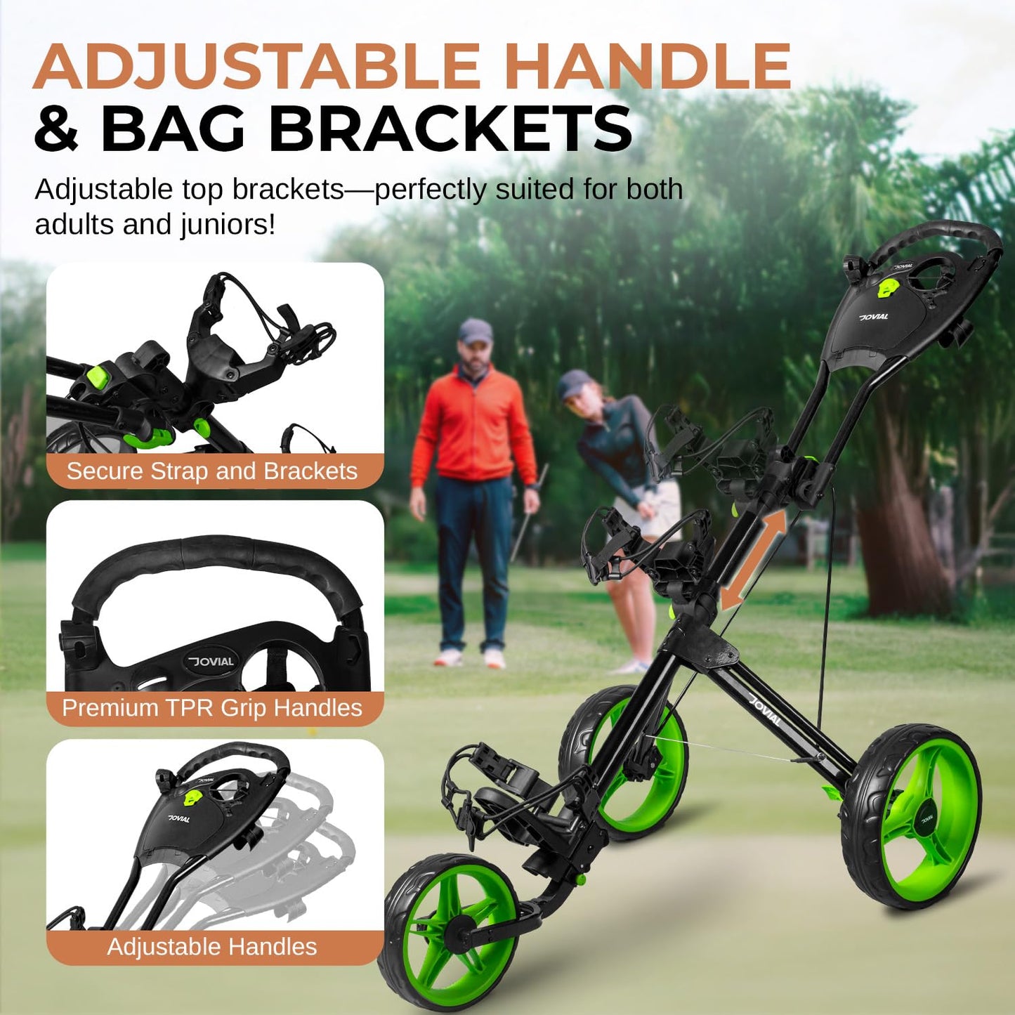 JOVIAL 3 Wheel Golf Push Pull Cart - Lightweight, Foldable, Collapsible, Caddy Accessories, Golf Bag Storage with Deluxe Scorecard Holder, Adjustable Handle, Aluminium Frame, Compact Design for Travel