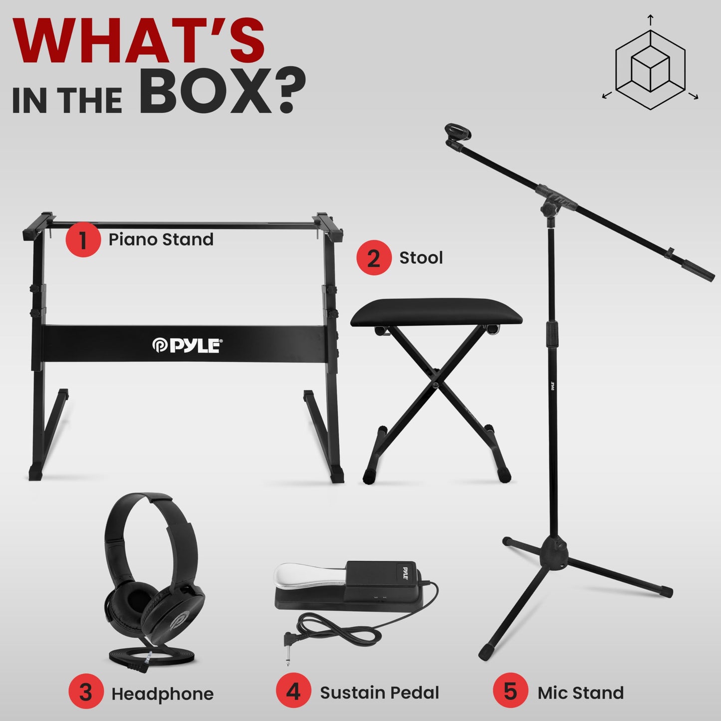 Pyle Heavy-Duty Electric Keyboard Accessories, E Piano Equipment Pack Includes Height Adjustable Z Shape Keyboard Stand, Keyboard Stool, Microphone Stand, Headset, and Sustain Pedal, Black
