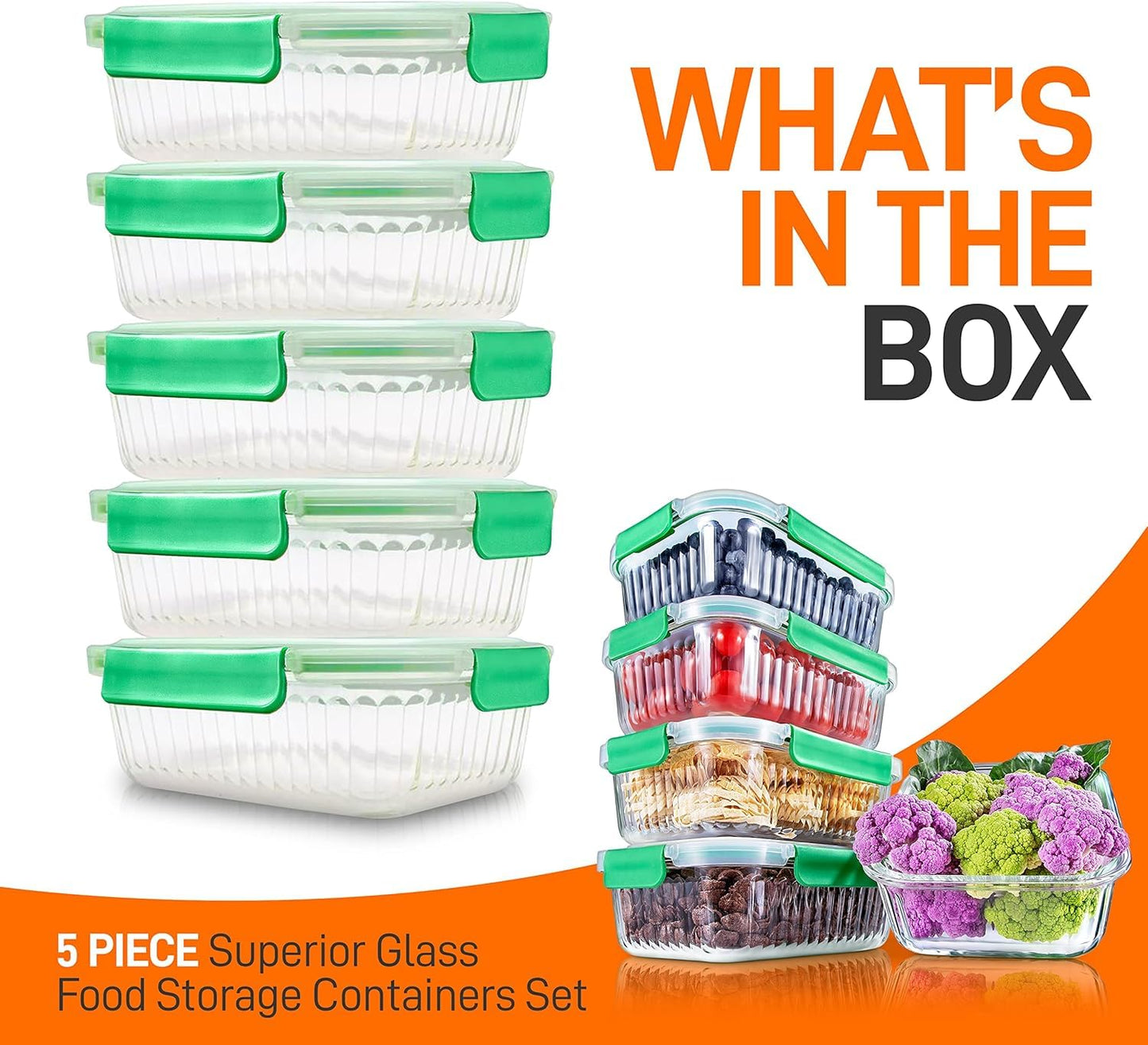 NutriChef 10-Piece Glass Food Storage Containers Set – (5 BPA-Free Airtight Meal Prep Containers with 5 Vented Locking Lids), Stackable & Oven Safe, Leakproof, Reusable, Freezer & Microwave Friendly