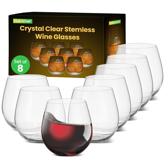 NutriChef Stemless Wine Glasses (Set of 8) 15 Oz, Crystal Clear Red Wine Glasses for Daily Use, Home Bar, Parties, Hosting, Evening Party, Birthdays, Shower, Housewarming Gift