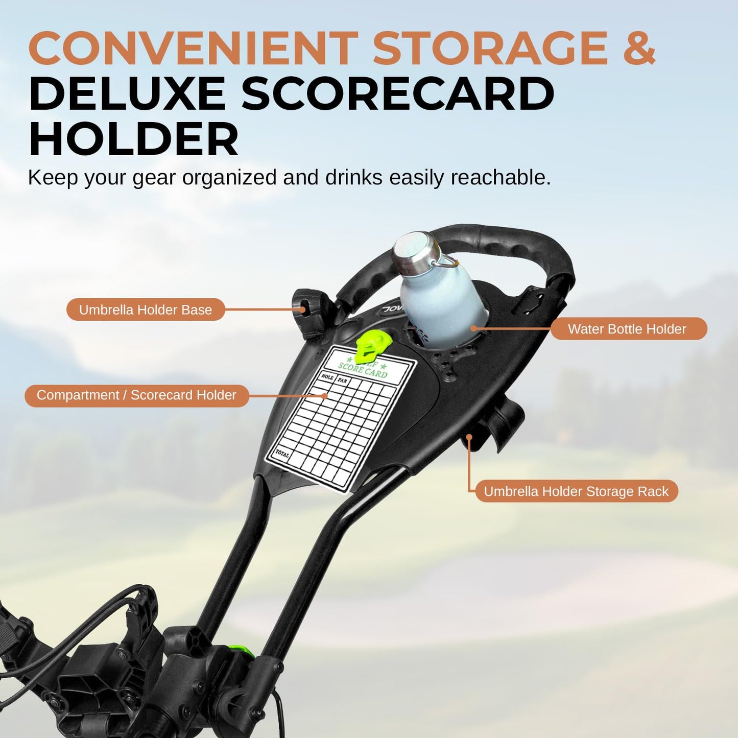 JOVIAL 3 Wheel Golf Push Pull Cart - Lightweight, Foldable, Collapsible, Caddy Accessories, Golf Bag Storage with Deluxe Scorecard Holder, Adjustable Handle, Aluminium Frame, Compact Design for Travel
