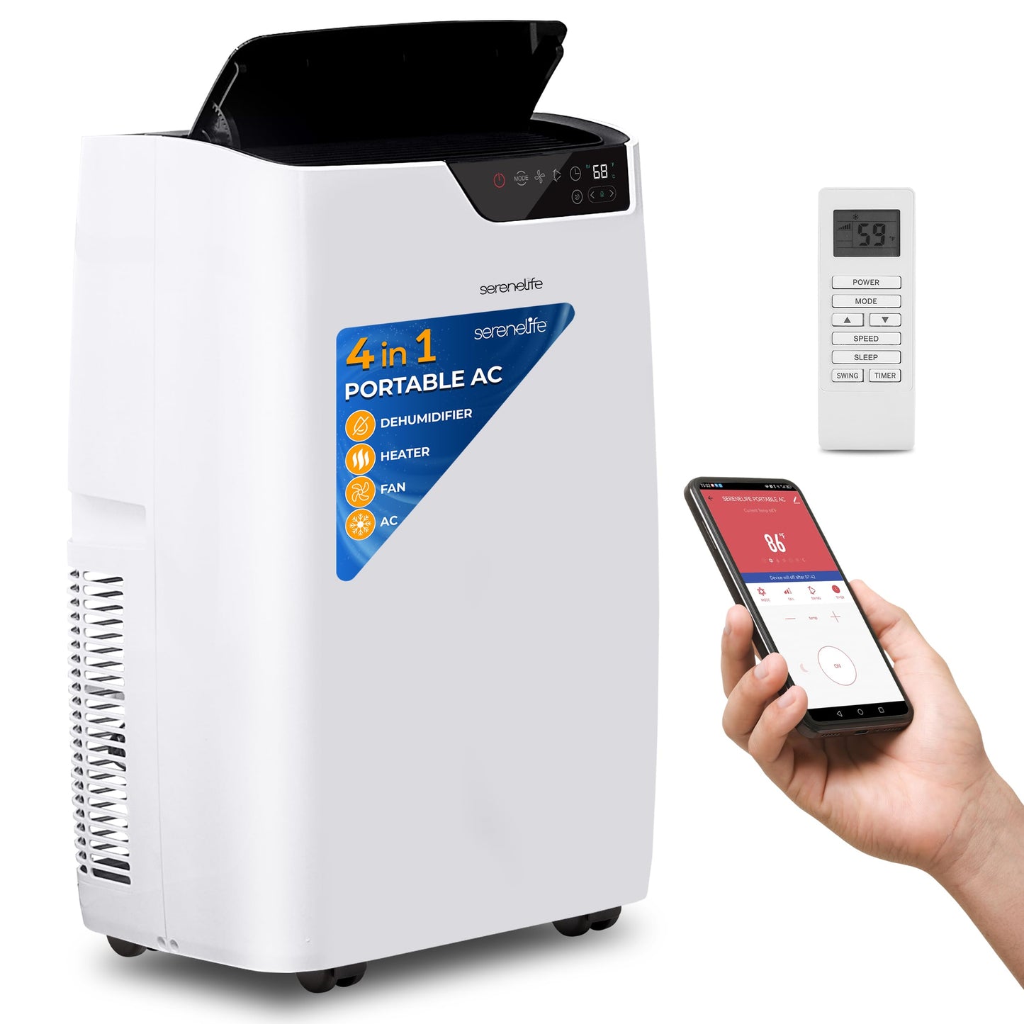 SereneLife Portable Air Conditioner 12000 BTU - 4-in-1 with Heating - Compact Standing Air Conditioner for Room Up to 380 Sq. Ft. - WiFi app + Remote Control, Window Mount Exhaust Kit