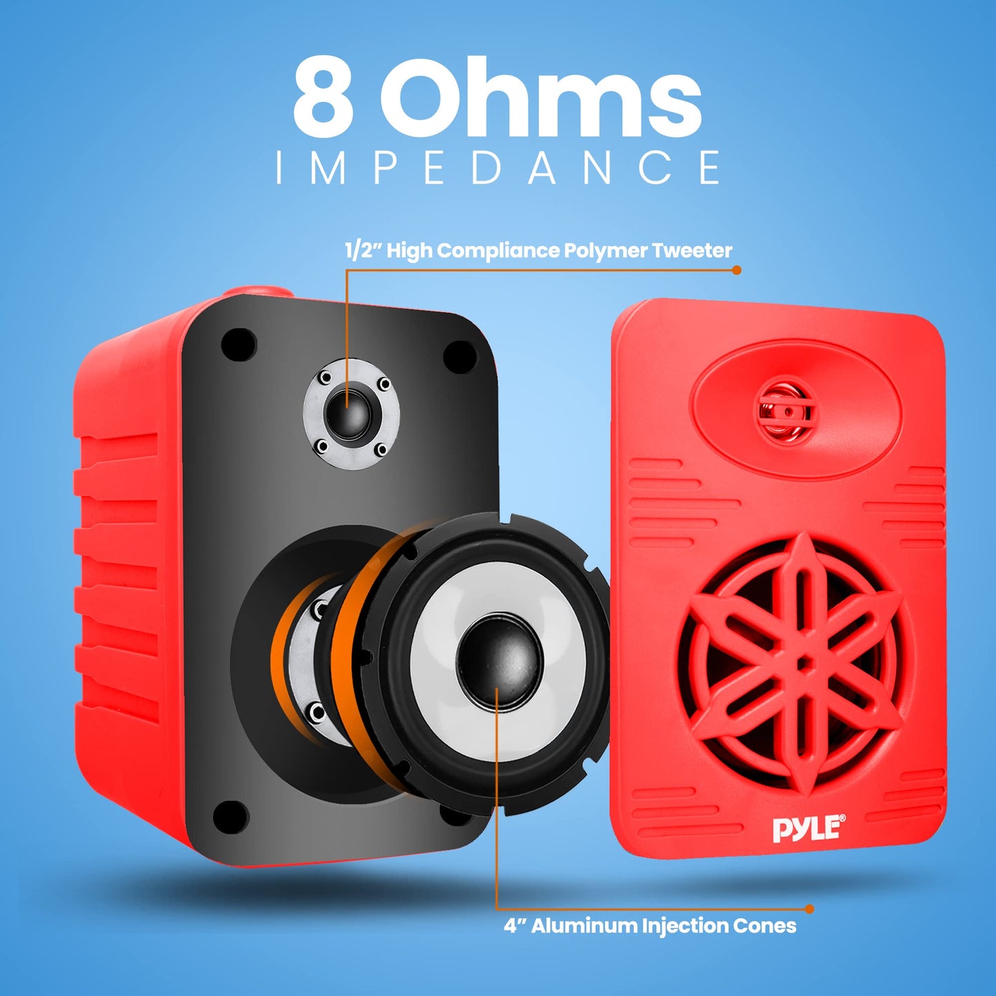 PyleUsa Bluetooth Indoor Outdoor Speakers Pair - 300 Watt Dual Waterproof 4” 2-Way Full Range Speaker System w/ 1/2” High Compliance Polymer Tweeter Home,Boat, Marine,Deck, Patio,Poolside - PDWRBT46RD