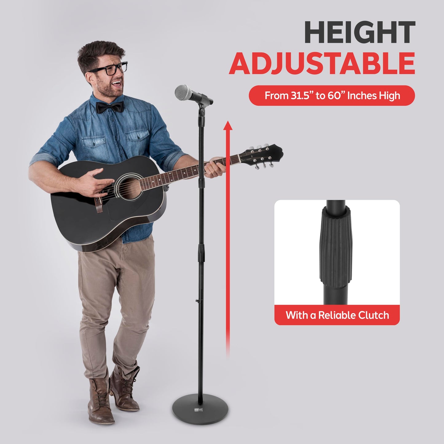 Pyle Universal Microphone Stand - M-6 Mic Holder USA Standard Adapter and Height Adjustable from 31.5” to 60” Inch High w/ Pivotable Gooseneck Mount - Heavy Duty Clutch Tension Knob PMKS32