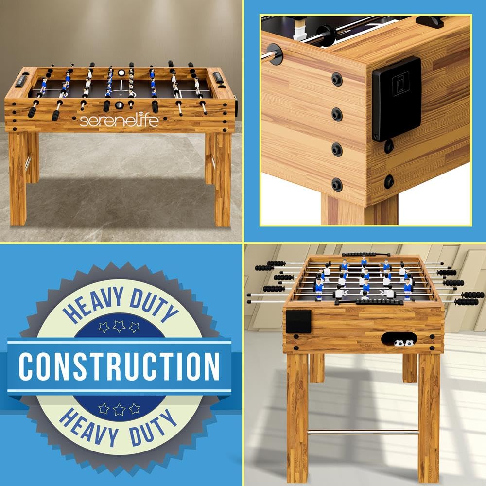 SereneLife 48in Competition Sized Foosball Table - Height Adjustable Arcade Soccer Set for Home, Game Room, Man Cave - Includes 2 Balls & 2 Fold-Out Cup Holders, Natural