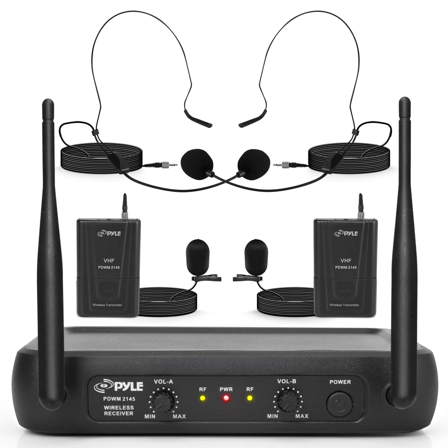 Pyle Dual Channel Wireless Microphone System - VHF Fixed Dual Frequency Wireless Mic Receiver Set with 2 Lavalier, 2 Headset Mics, 2 Transmitter, Receiver - For PA, Karaoke, Dj Party - Pyle PDWM2145
