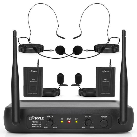 Pyle Dual Channel Wireless Microphone System - VHF Fixed Dual Frequency Wireless Mic Receiver Set with 2 Lavalier, 2 Headset Mics, 2 Transmitter, Receiver - For PA, Karaoke, Dj Party - Pyle PDWM2145