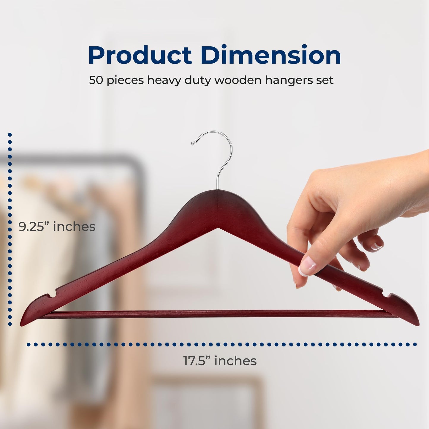 SereneLife 50-Pack Wooden Coat Hangers – Durable Suit Hangers with 360° Swivel Hook & Notches – Slim Design for Shirts, Jackets, Dresses, and More