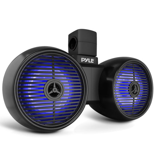 Pyle Dual Waterproof Off-Road Speakers - 6.5" 200W 2-Way Marine Wakeboard Tower Sound System w/LED Light, Full Range Outdoor Stereo Speaker for Car, ATV, UTV, Jeep, Boat, Includes Brackets (Black)